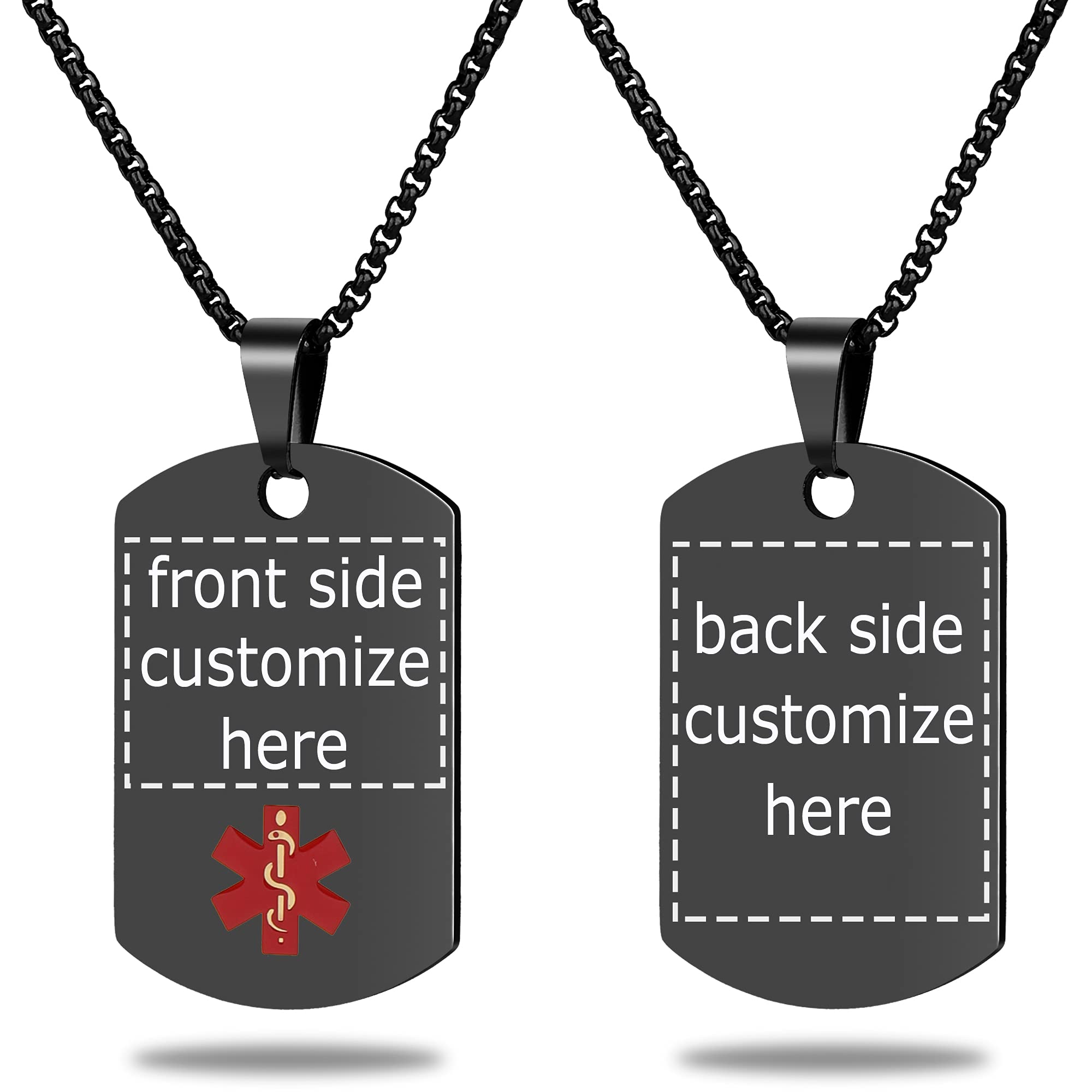 Medical Alert Necklace Free Custom Engraving Personalized Gift Black Polished Stainless Steel ID Tag Pendant for Men Women