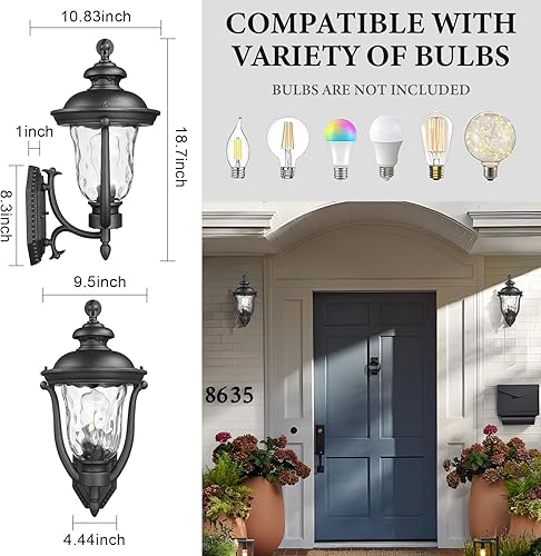 Miniatura 4 de Lámparas de pared para exteriores, luces de vidrio ondulado de agua, montaje en pared, montaje en pared, estilo vintage, impermeable, negro, para