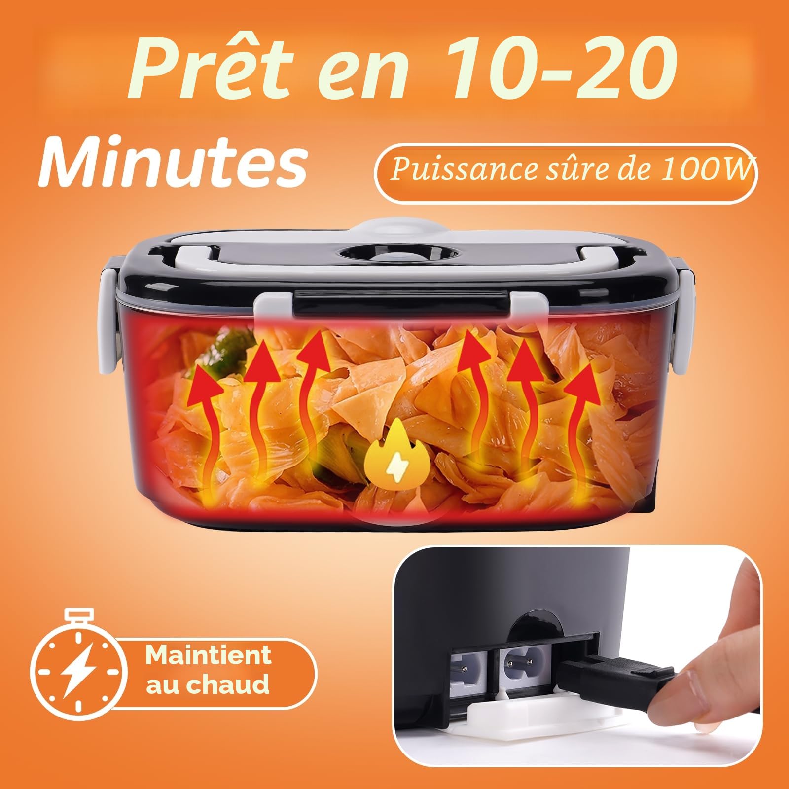 Lunch Box Chauffante Électrique 100W, 3 en 1 Portable, Gamelle Chauffante en Acier Inoxydable avec 2 Boîtes Amovibles, 12V/24V/220V pour Voiture, Camion et Bureau (Noir et Blanc, 1,5 L)