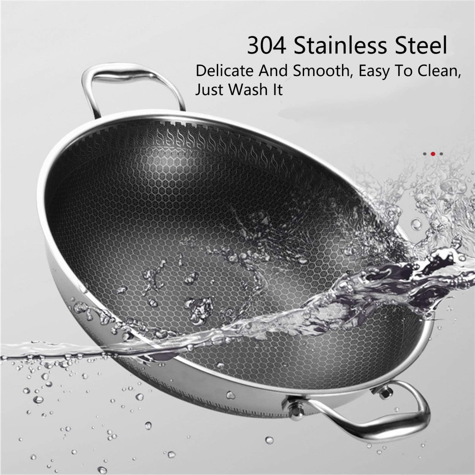 Wok de Acero Inoxidable con Tapa, Wok de inducción Antiadherente, Wok para ollas Calientes, sartenes para saltear con Doble Anillo, Wok pequeño/Grande,34cm
