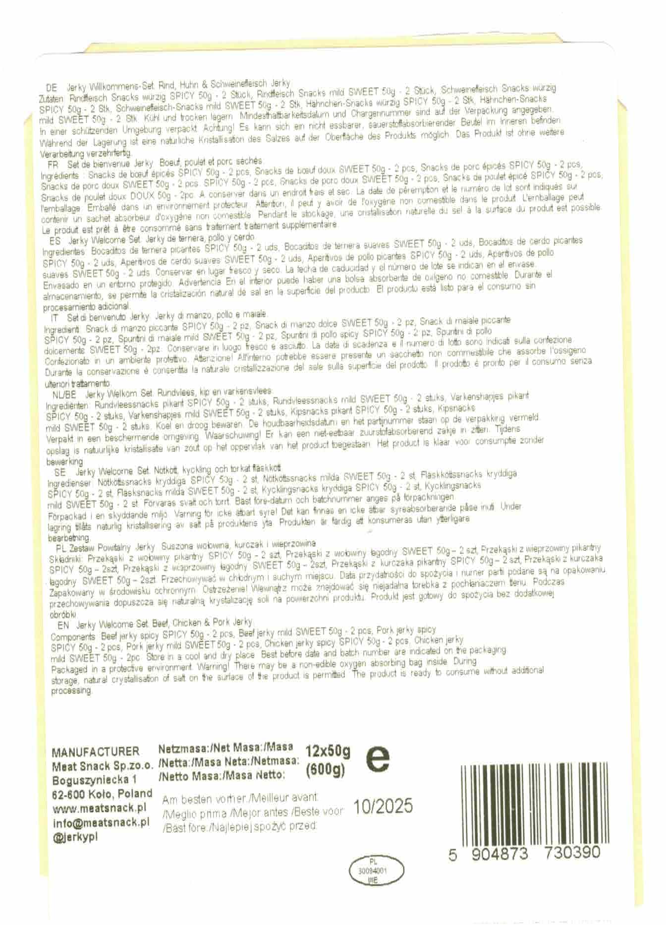 NEW BEER SNACK - Beef, Chicken & Pork Jerky Welcome Set - Protein Snack de Carne Seca - Carne de vacuno, pollo y cerdo - Merienda picante, dulce y salado - 6x2x50 g