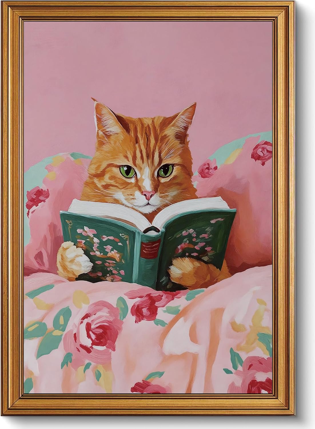 BRUZYIYE Cat Wall Art Vintage Gold Framed Wall Art Cat Pictures Wall Decor Funny Animal Reading Books Paintings Cute Kitten Lovers Aesthetic Canvas Prints for Nursery Girls Room Bedroom Kids Room 16x24in