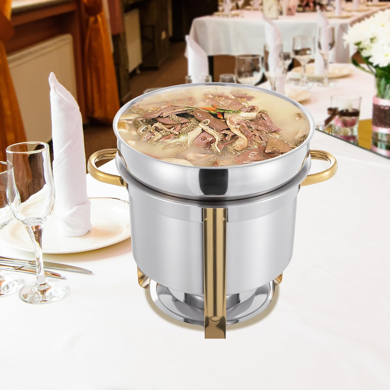 Soup Chafer, 11.62QT Stainless Steel Round Soup Warmer with Pot Lid and Fuel Holder, Commercial Soup Pot Chafing Dish for Party, Buffet, Event & Commercial Food (11.62, Quarts)