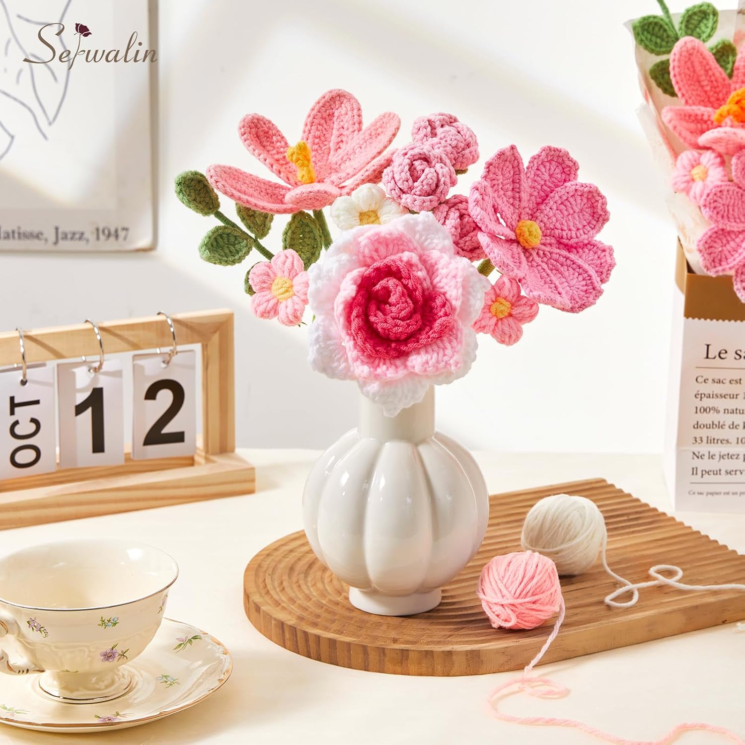 Serwalin Crochet Flower Bouquet, Pink Handmade Knitted Flowers, Crochet Tulips Galsang Flowers for Lover Girlfriend,Wife,Teacher Anniversary Birthday Mother's Day Graduation Gifts(Include Card) - Image 4