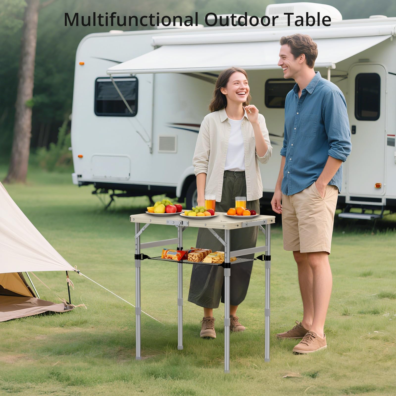 Anbte Table Pliante 58x40x26/48/70cm, 3 Hauteurs Réglables, Argent et Beige | Plateau en Plastique Étanche, Cadre en Aluminium, Facile à Nettoyer, Table légère pour Camping, Jardin, Terrasse, Intérieur