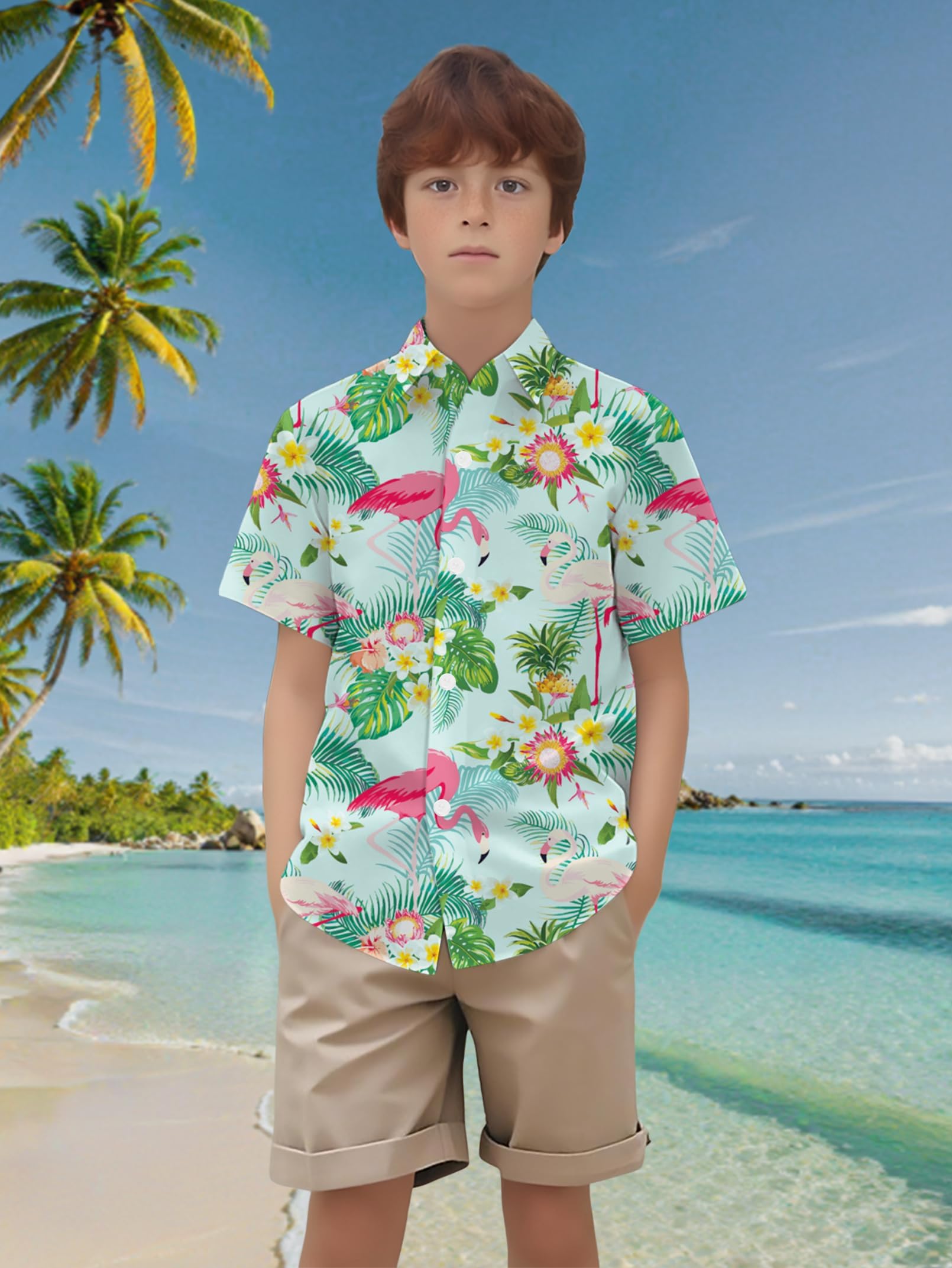 hohololo Hawaii Hemd Kinder Jungen-Hawaiian-Button-Down-Shirt tropischer Strand-Shirt im lässigen Stil 5–14 Jahre