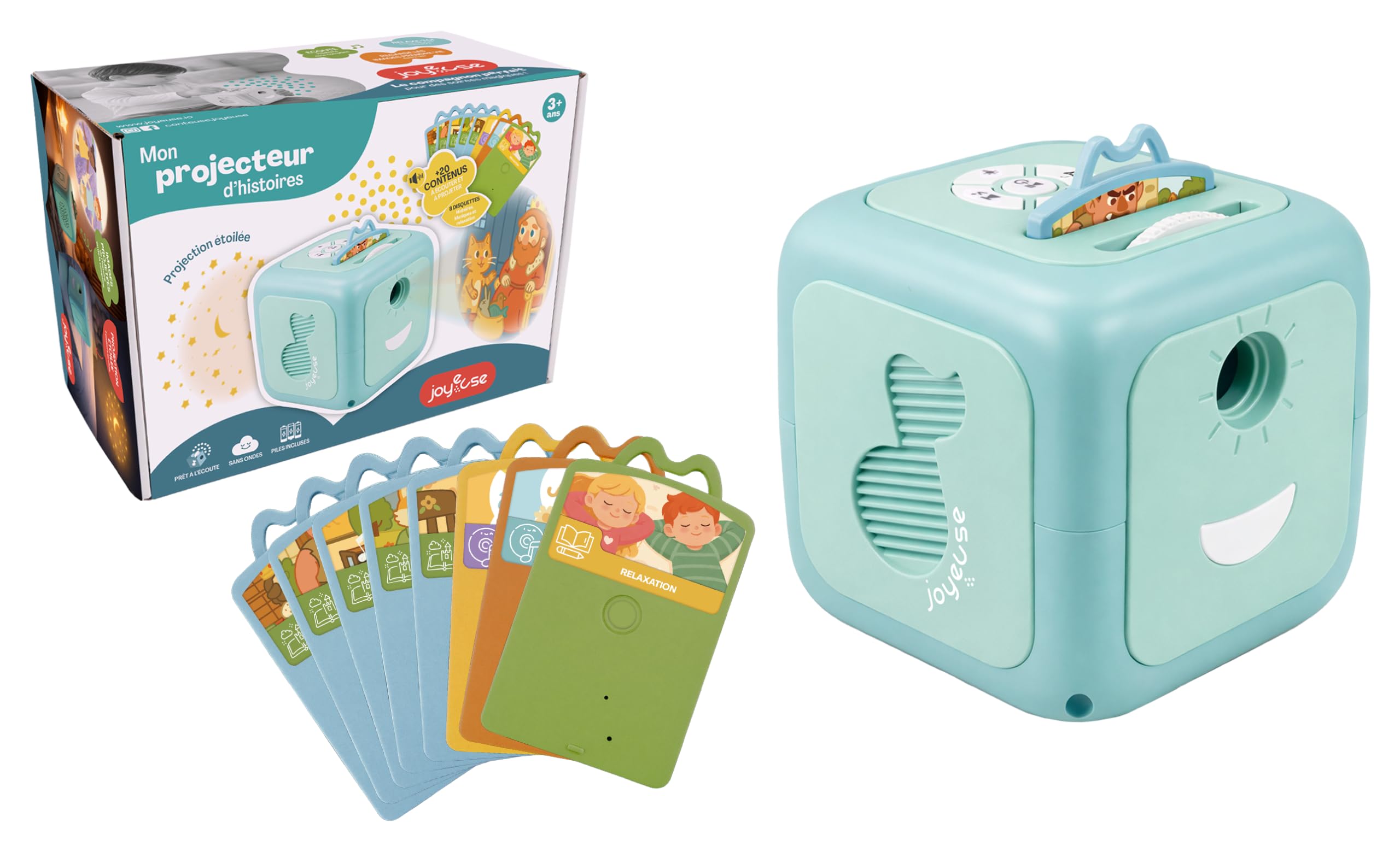 Joyeuse - Proyector Musical para Niños con Historias y Canciones Infantiles - Despertar Musical - Luz Nocturna - Proyección Estelar - 8 Discos Integrados - Pilas Incluidas - Desde 3 años