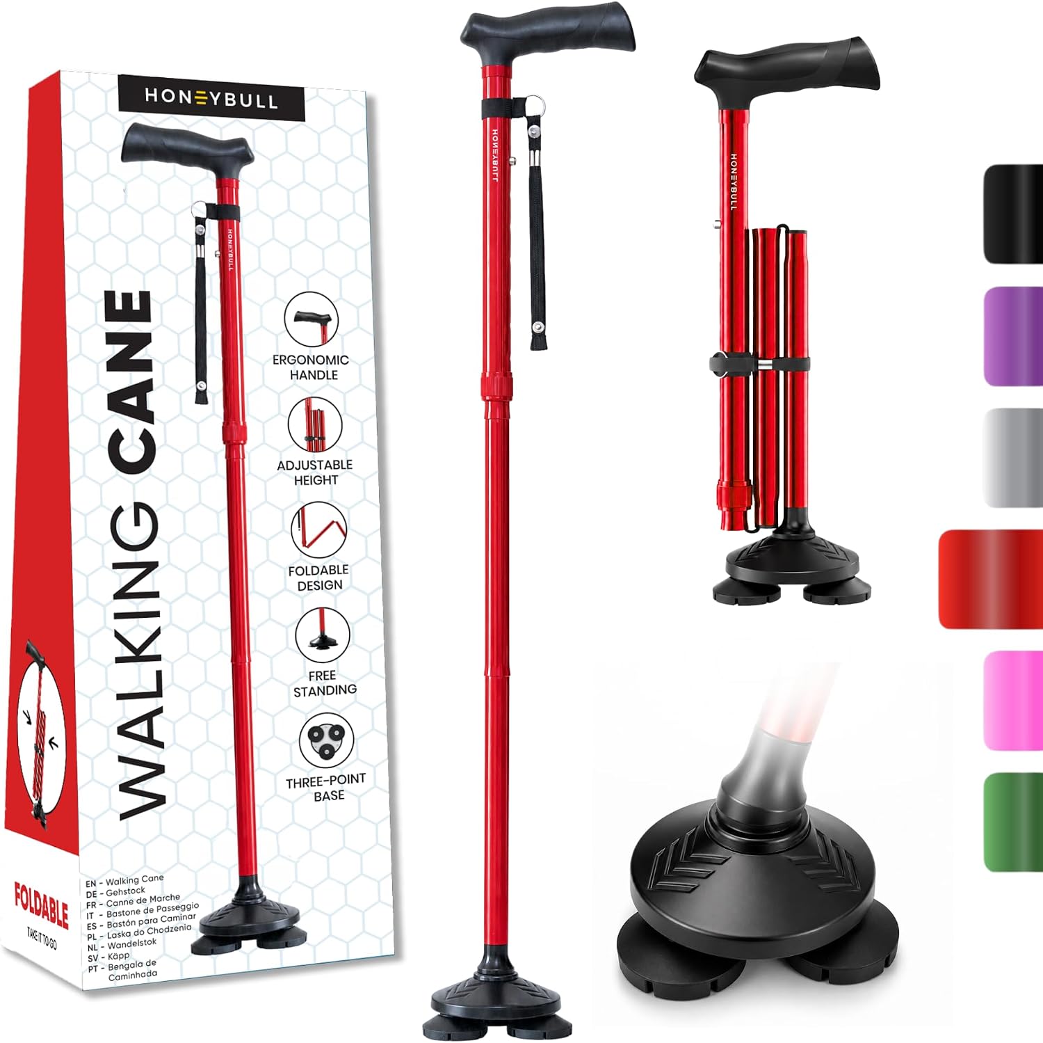 HONEYBULL Foldable Free Standing Walking Cane with Pivoting Base and Adjustable Height