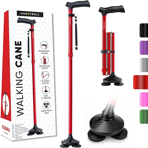 HONEYBULL Foldable Free Standing Walking Cane with Pivoting Base and Adjustable Height HONEYBULL Foldable Free Standing Walking Cane with Pivoting Base and Adjustable Height