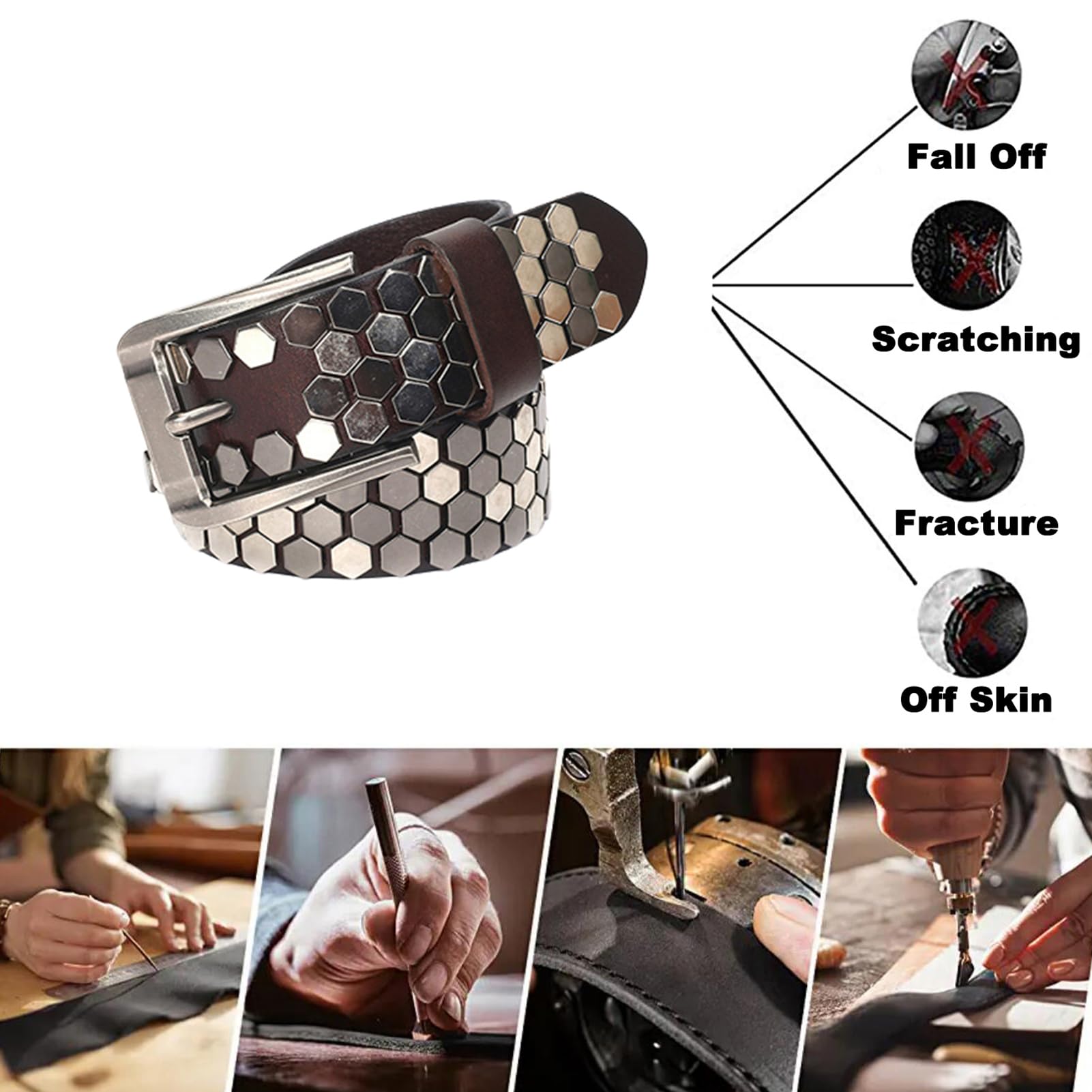 Ceinture en Cuir à Rivets Tendance Motif Clouté Style Punk Rock Boucle à Griffes Réglable Ceinture Décontractée(105cm/waist:35", Coffee)