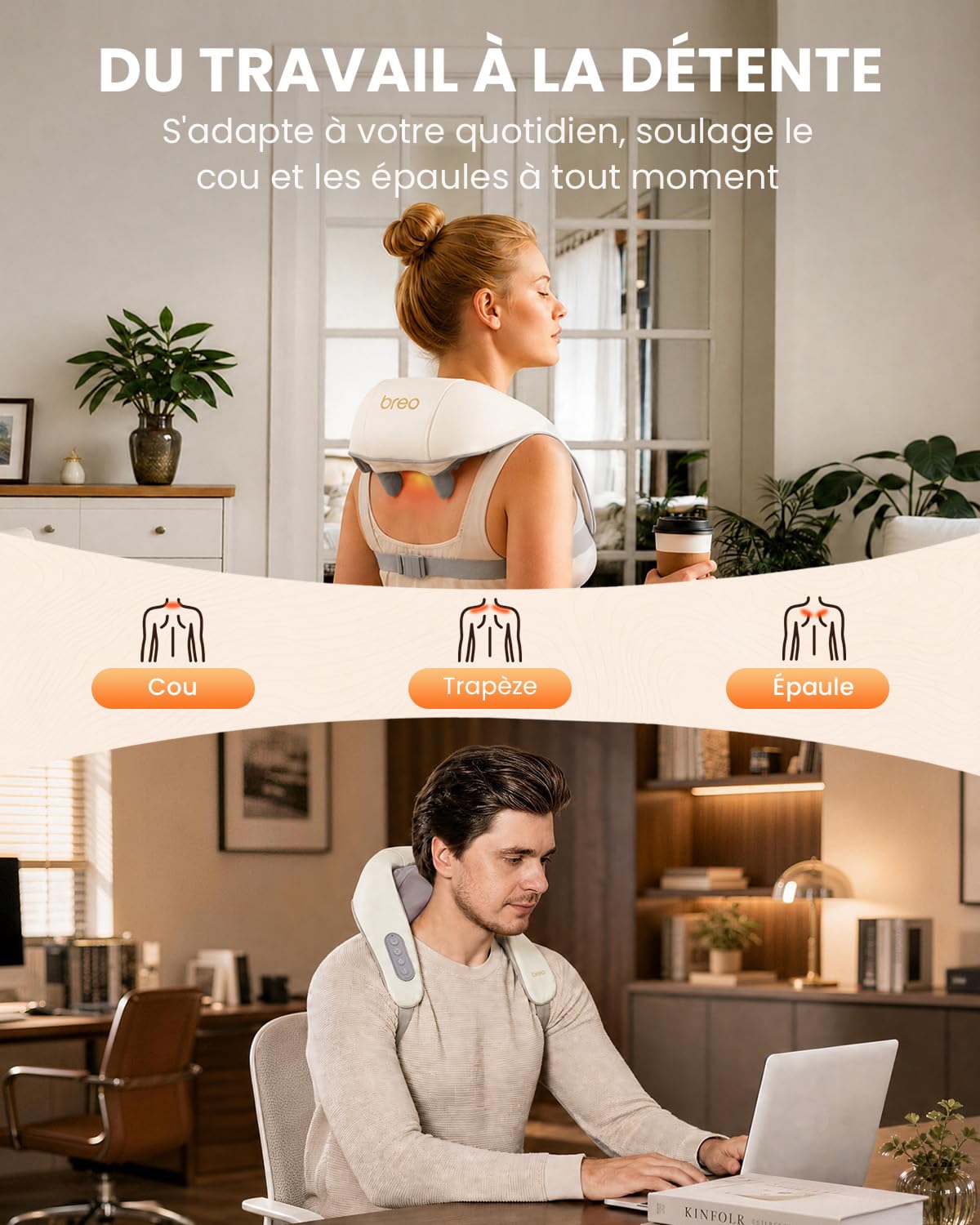 Breo N5 Mini masseur de cou avec chaleur, coussin de massage électrique pour le cou et les épaules, relaxation musculaire, pétrissage shiatsu pour soulager la douleur des tissus profonds à la maison