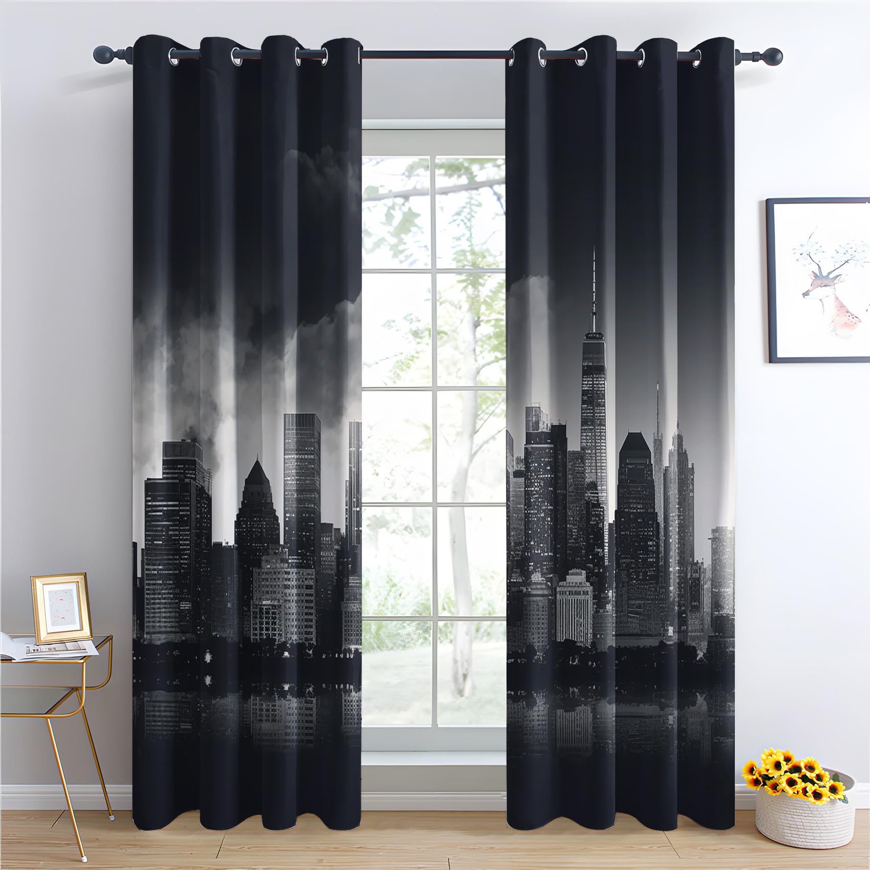 New York Vorhänge Stadt Skyline Stadtansicht Nacht Verdunklungsvorhänge, Vorhang Blickdicht Gardinen mit Ösen, Schlafzimmer Wohnzimmer Deko, Thermovorhang 2er Set H 160 X B 140 cm