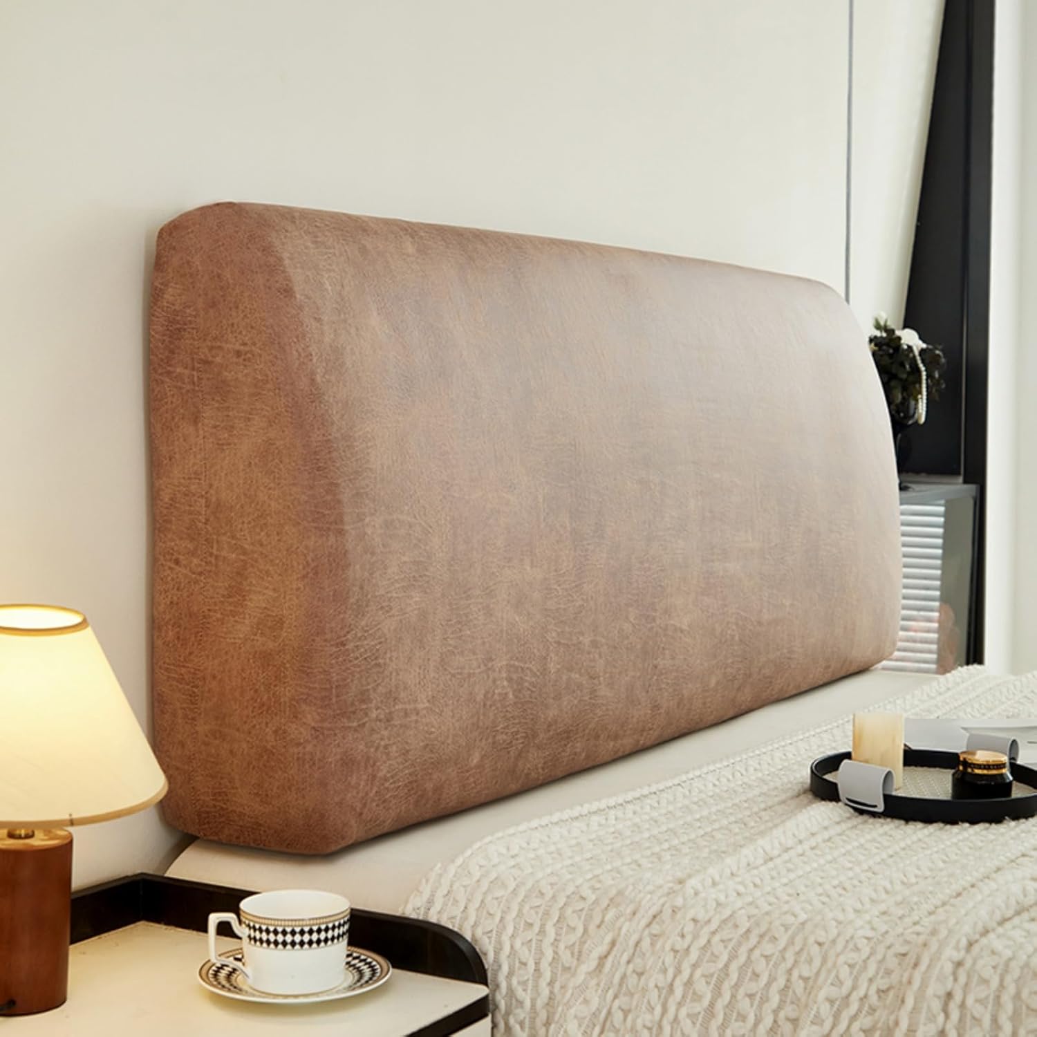EFELIM Imitated Leather Bed Headboard Slipcover for Queen King Size, Stretch Bed Headboard Cover Retro Dustproof Protector Cover for Bedroom Decor (Brown,King:78.7in)