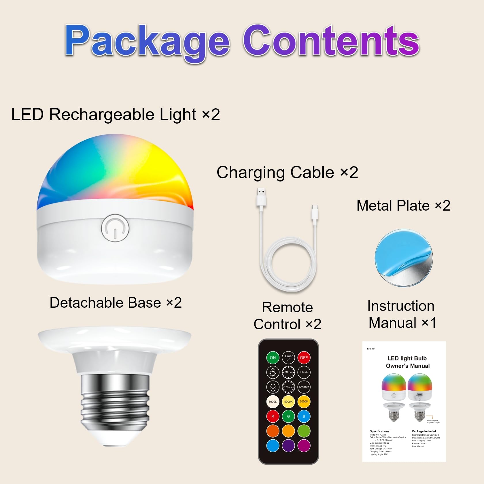 USB-C Wiederaufladbare Glühbirne E27, 12 RGB 3 Farben Glühbirne mit Fernbedienung Aufladbar, 7W glühbirne E27 Dimmbar, Timing-funktion, Notlicht Mit Magnetische für Camping Party Zimmer, 2 Stück