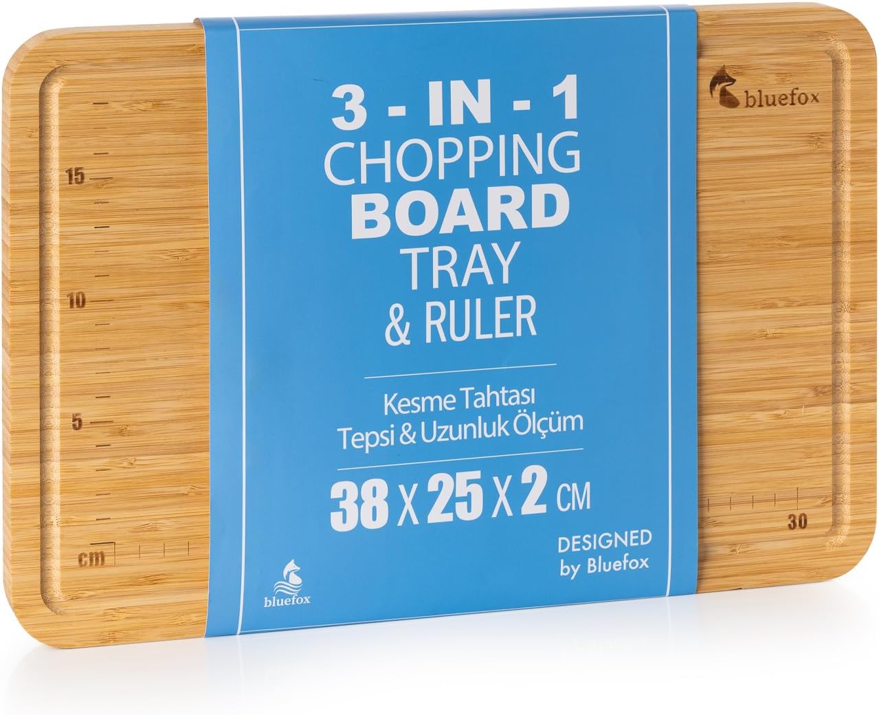 Bluefox 3'ü 1 Arada Bambu Kesme Tahtası: Doğrama Tahtası, Kesim Cetveli ve Tepsi Fonksiyonlarıyla Mutfakta Pratik Çözüm,Su Oluklu, Bıçak Dostu, Neme Dayanıklı Yüzey, 38x25 cm
