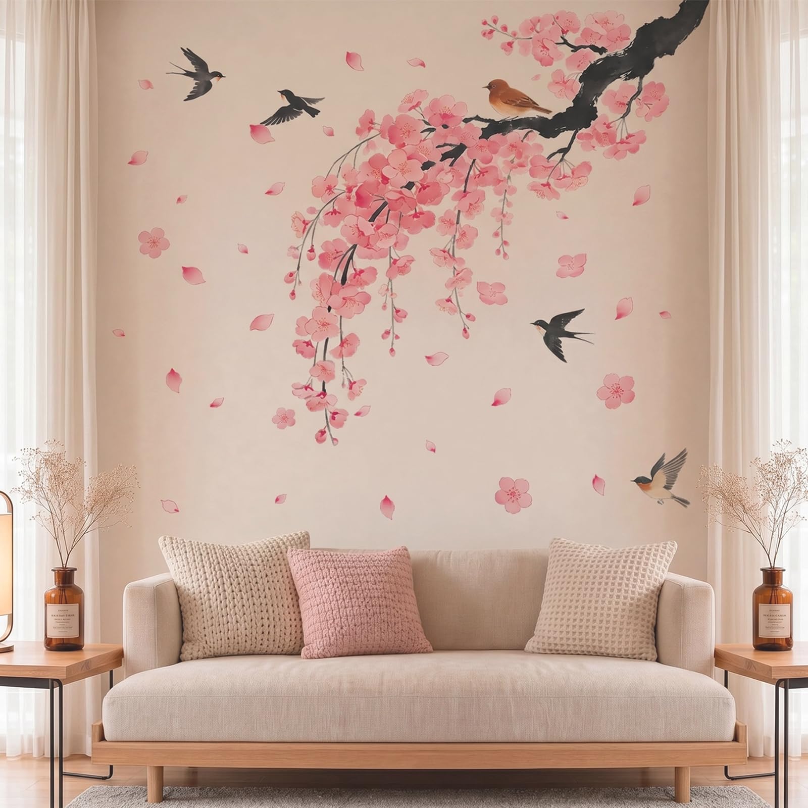 Large Cherry Blossom Wall Stickers, Ink Wash Style Pink Tree with Birds Wall Decals, Removable Waterproof PVC Wall Art for Bedroom Living Room Home Decor