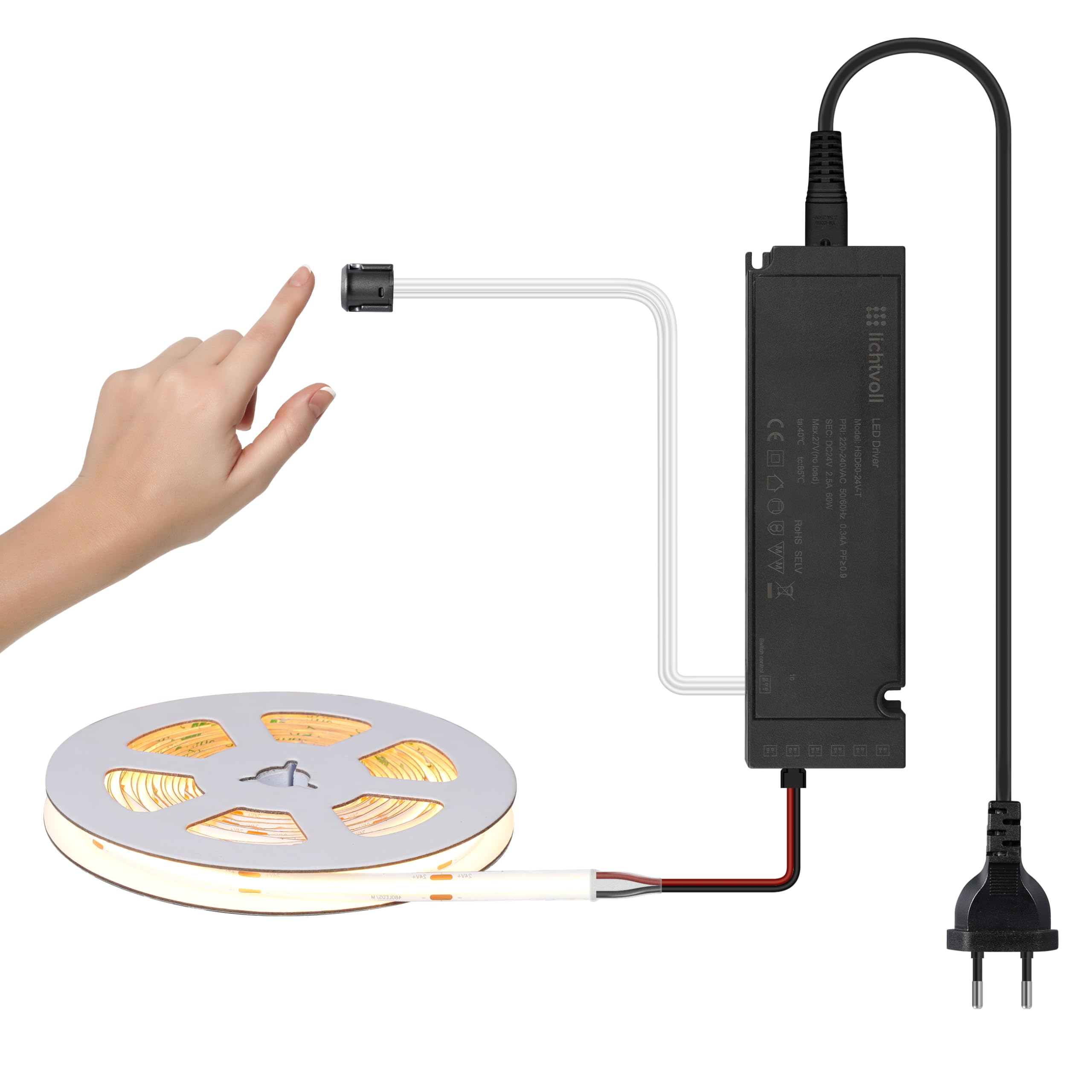 Taśma LED COB 5 m 480 LED/m / 3000 K LED Strip 5 m ciepła z dotykowym ściemniaczem i zasilaczem sieciowym 60 W, oświetlenie podszafkowe, taśma LED do paneli akustycznych, listwa