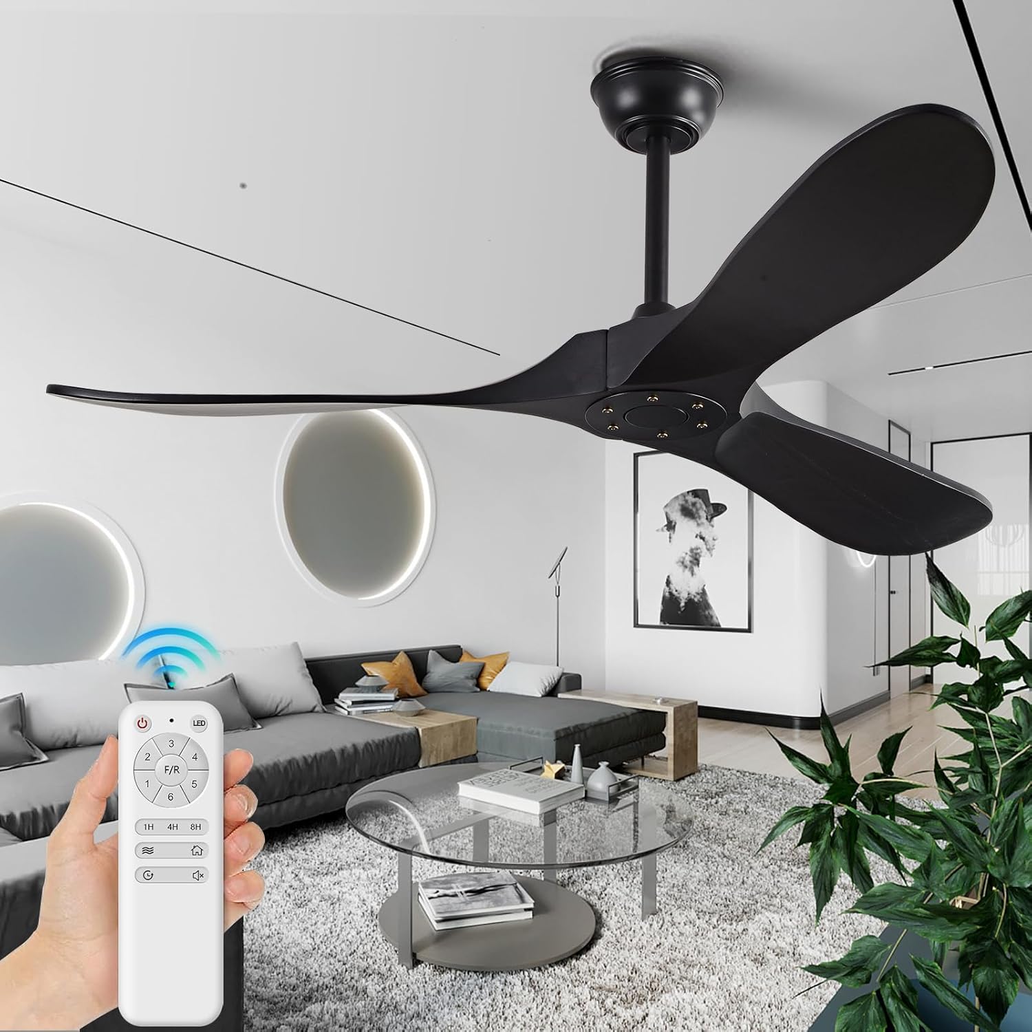 52" Ceiling Fans without Lights, Solid Wood Ceiling Fan No Light with Remote Control Smart and Unique Indoor Outdoor for Patios, Living Room, Bedroom, Farmhouse and Gazebo,Black Matte Black 52 INCH