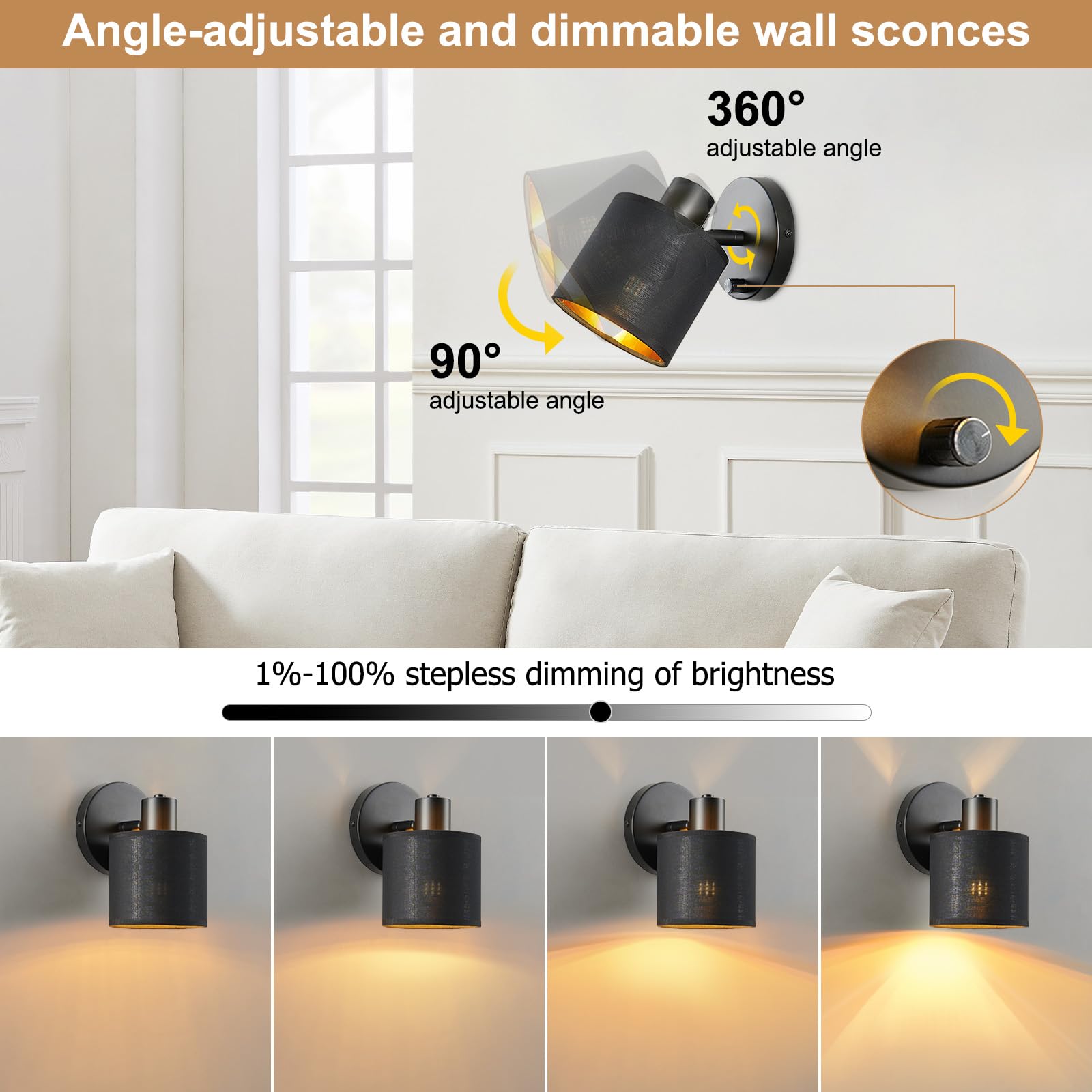 Lightess Wandlampe mit Schalter Dimmbar Vintage, Wandleuchte Innen E27 Retro mit Schwarz Stoff Lampenschirm, Industrial Nachttischlampe Wand für Wohnzimmer Schlafzimmer Flur