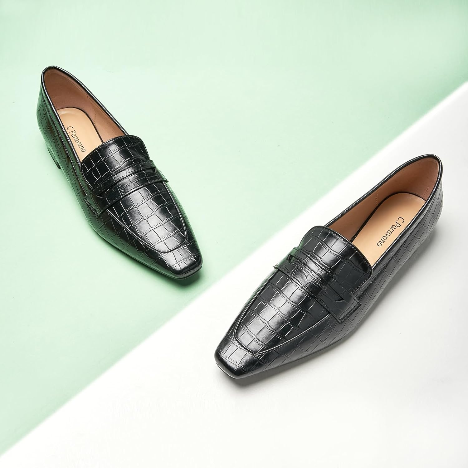 C.Paravano Black Penny Loafers for Women, Slip-ons Comfortable Dressy Formal Dress Square Toe Flats Loafer Shoes for Business Casual Wear(C-Black,Size 6) - Image 2