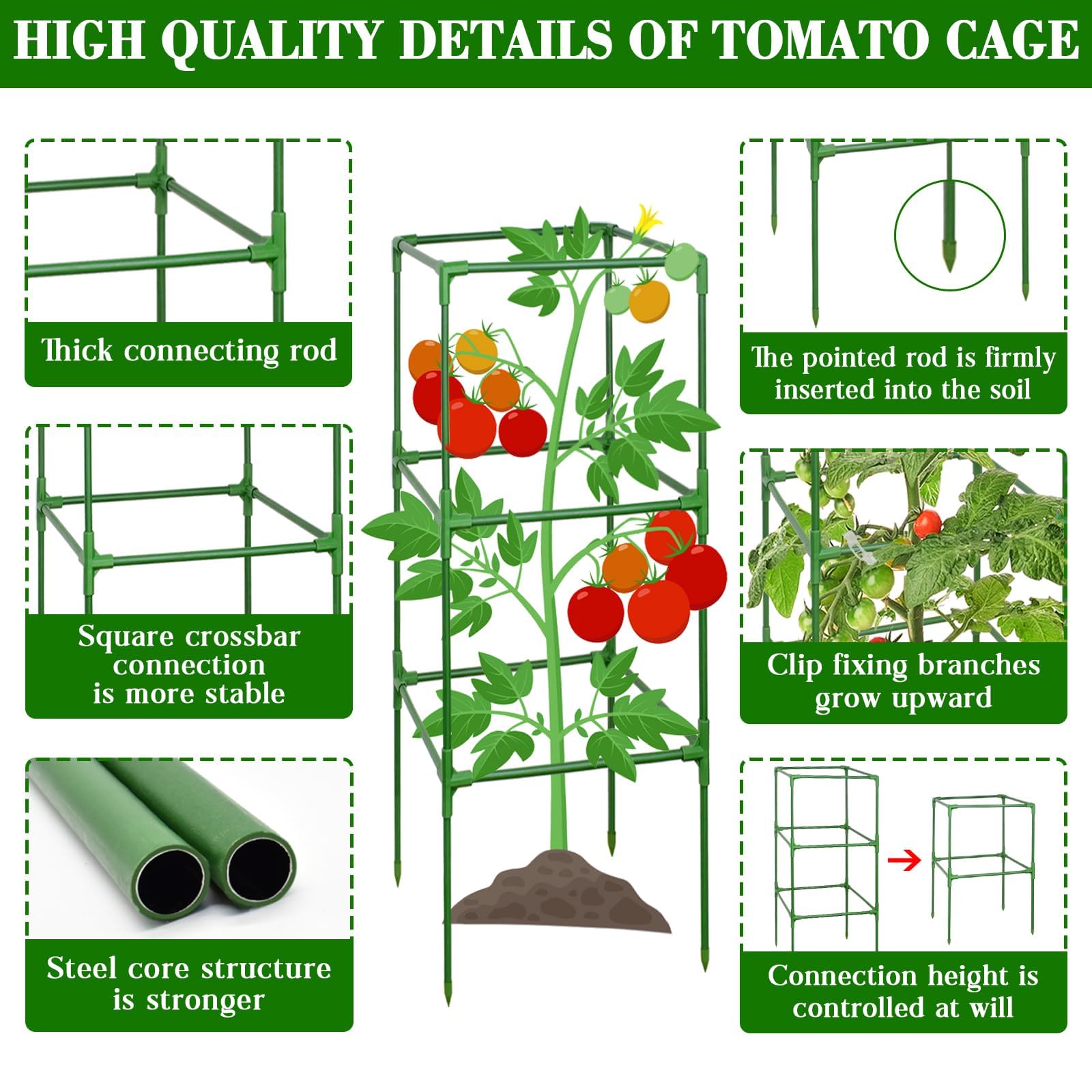 ZeeDix Paquete de 4 jaulas de tomate para soporte de plantas de jardín, 45 pulgadas, cuadradas, ajustables, estacas de metal para plantas trepadoras, verduras, flores con 40 clips