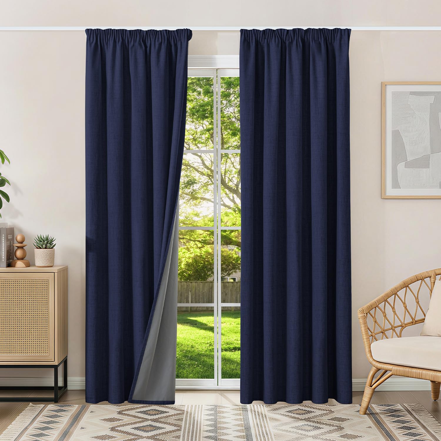 Runyéla 100% Blackout Curtains Pencil Pleat Linen Curtain for Bedroom Living Room Thermal Insulated 66 x 54 Inch Drop 2 Panels Denim Blue
