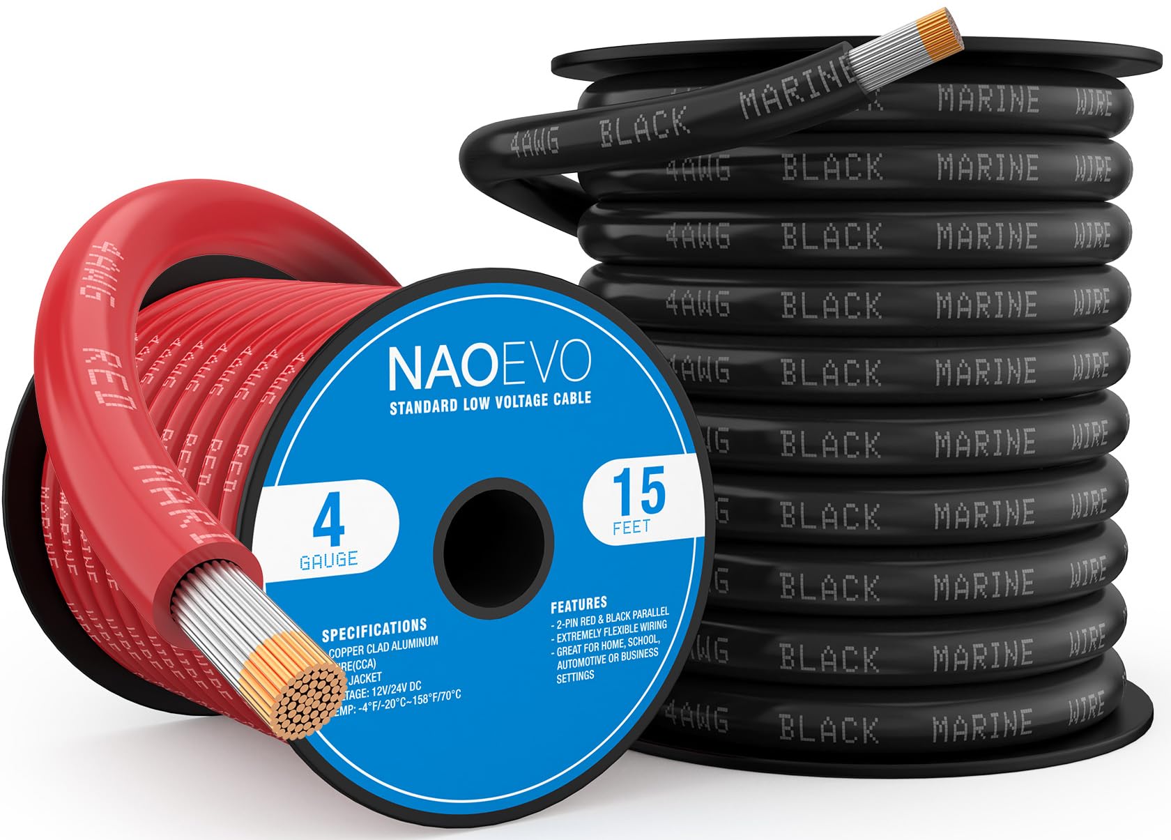 NAOEVO 4 Gauge Marine Wire, 4 AWG Tinned Copper PVC Marine Grade Wire, IP68 Waterproof/Corrosion-Resistant Electrical Cable for Boat, RV, Automotive, Solar, Trolling Motor (15 ft Black + 15 ft Red)