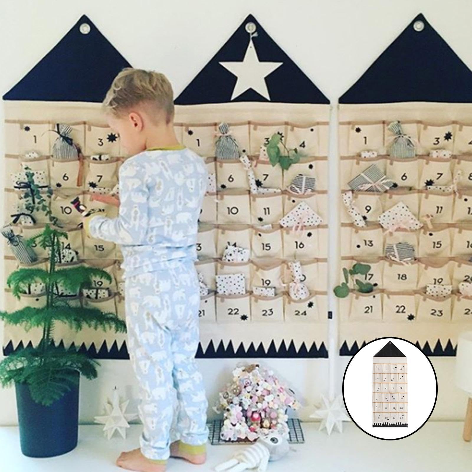 Calendario dell'avvento in tessuto, riempibile, calendario dell'Avvento di Natale con 24 tasche, in tessuto, vuoto, da riempire per ornamenti natalizi