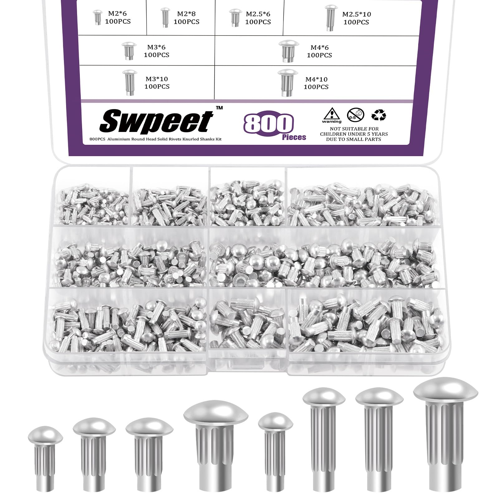 Swpeet 800Pcs M2 M2.5 M3 M4 × 6mm 8mm 10mm Solid Aluminum Brazier Head Rivets Assortment Kit, Half Round Head Solid Knurled Rivets, Aluminum Rivet