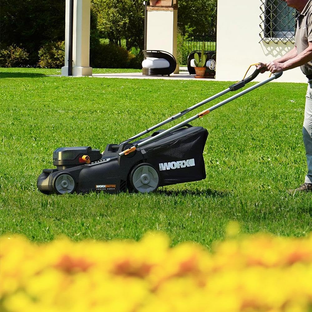 WORX Tondeuse à Gazon sans Fil 40V WG737E, 600 m², Lame 37cm, Sac 40L, 6 Hauteurs de Coupe, 2 Batteries 4Ah