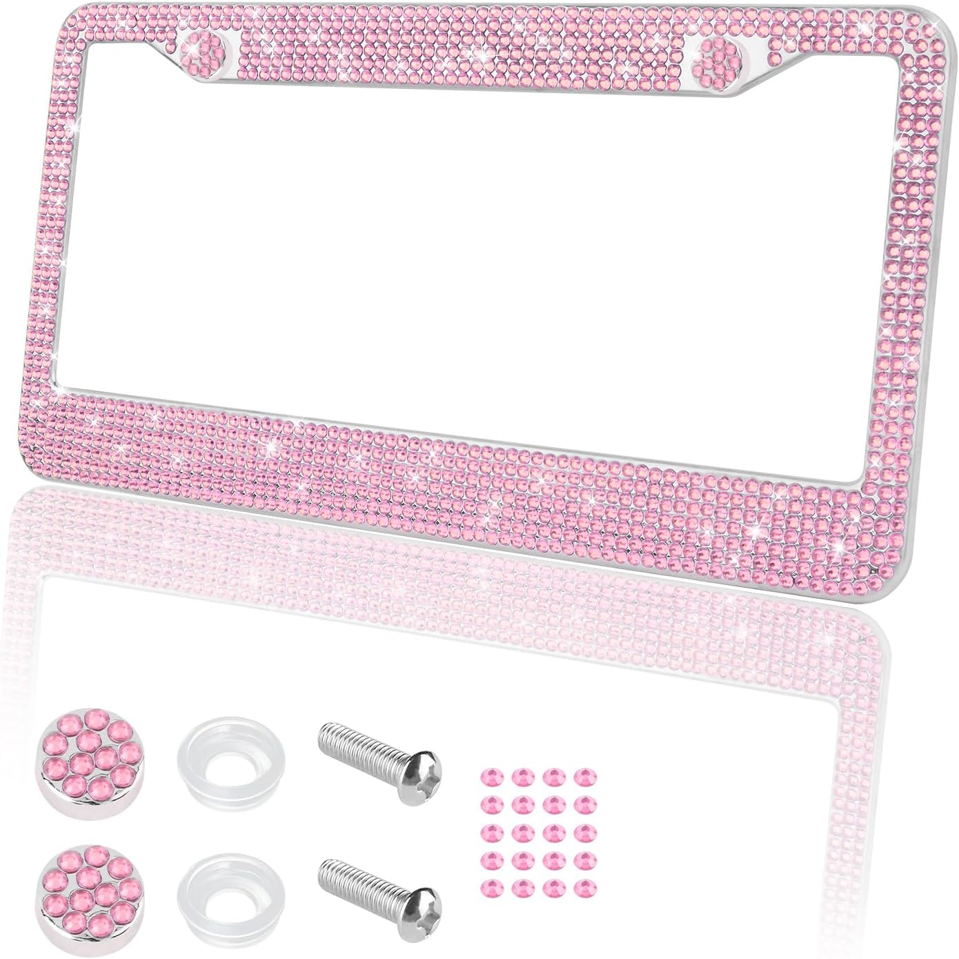 Bling Car License Plate Frame Holder,2 Hole Stainless Steel Car Plate Frame with Crystal Diamond,Sparkly US Standard Car Plate Holder as Birthday Gifts for Women&Girl (Pink)