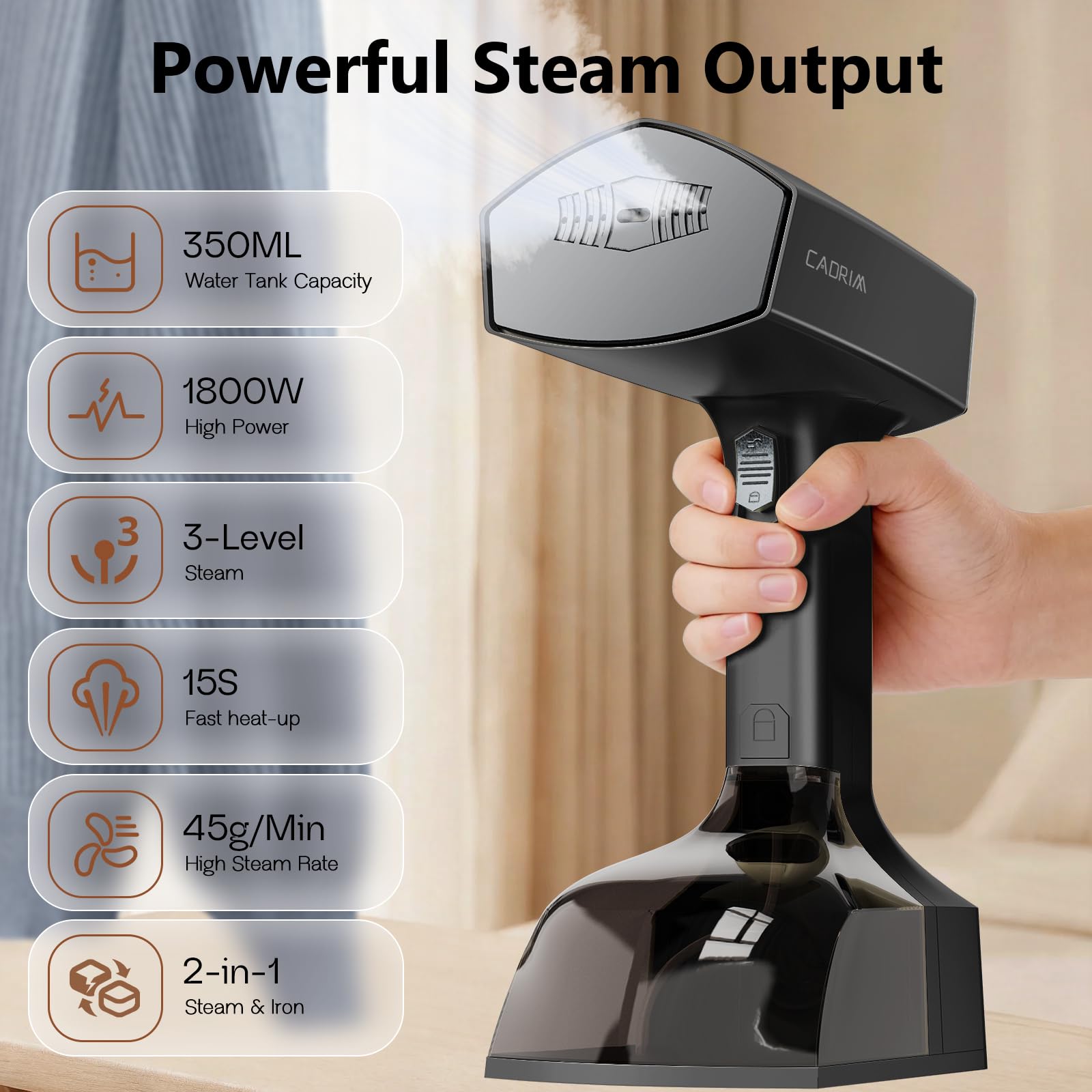 Cadrim Steamer - Piastra a vapore, 1800 W, potente 2 in 1, ferro da stiro a vapore portatile da 350 ml, potenza vapore 45 g/min, 3 livelli di vapore, vaporizzatore da viaggio per casa, ufficio (nero)