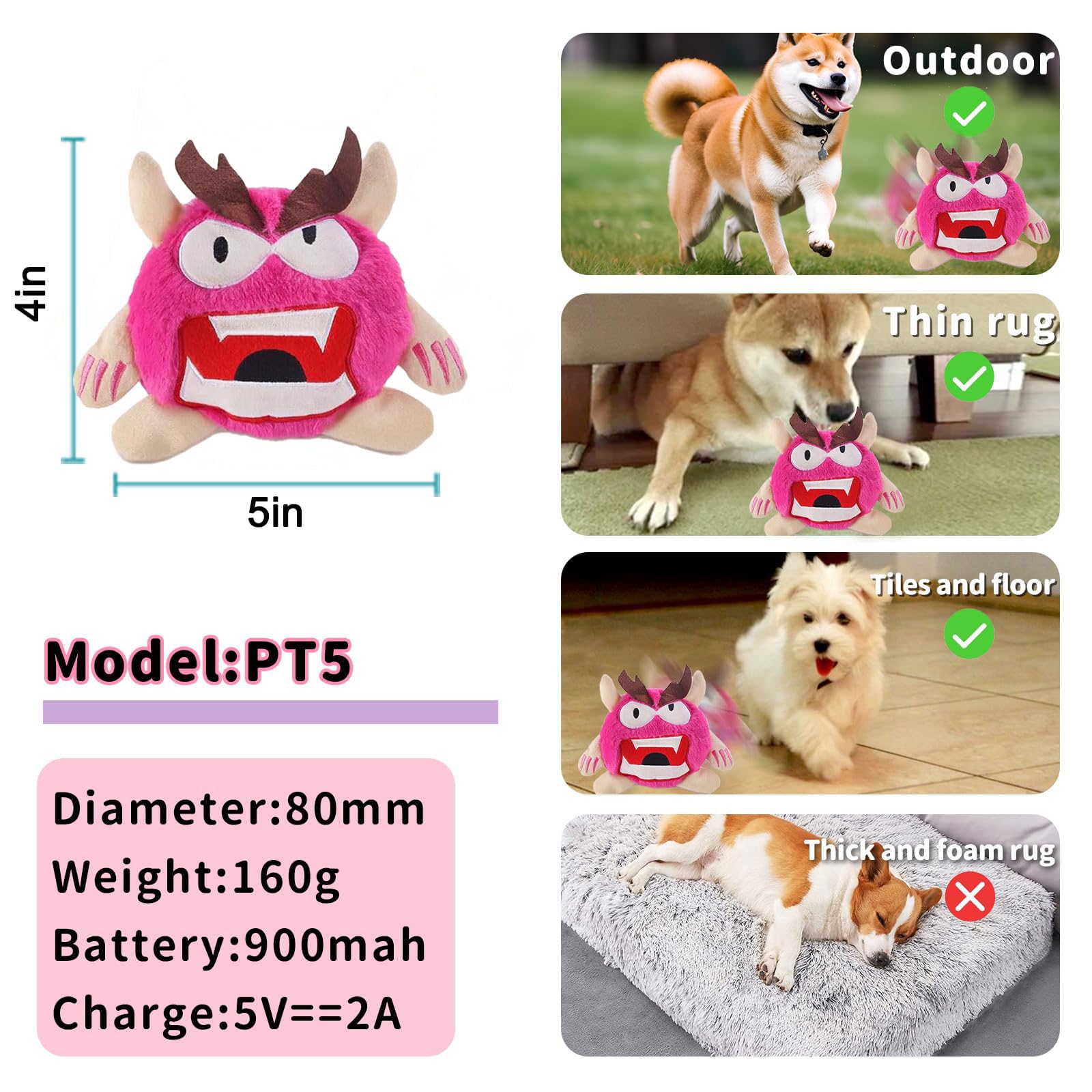 Jouets interactifs pour chien pour l'ennui - Balle en peluche interactive en forme de monstre - Jouet couineur pour chien - Jouet électronique d'exercice pour chiot - Rose