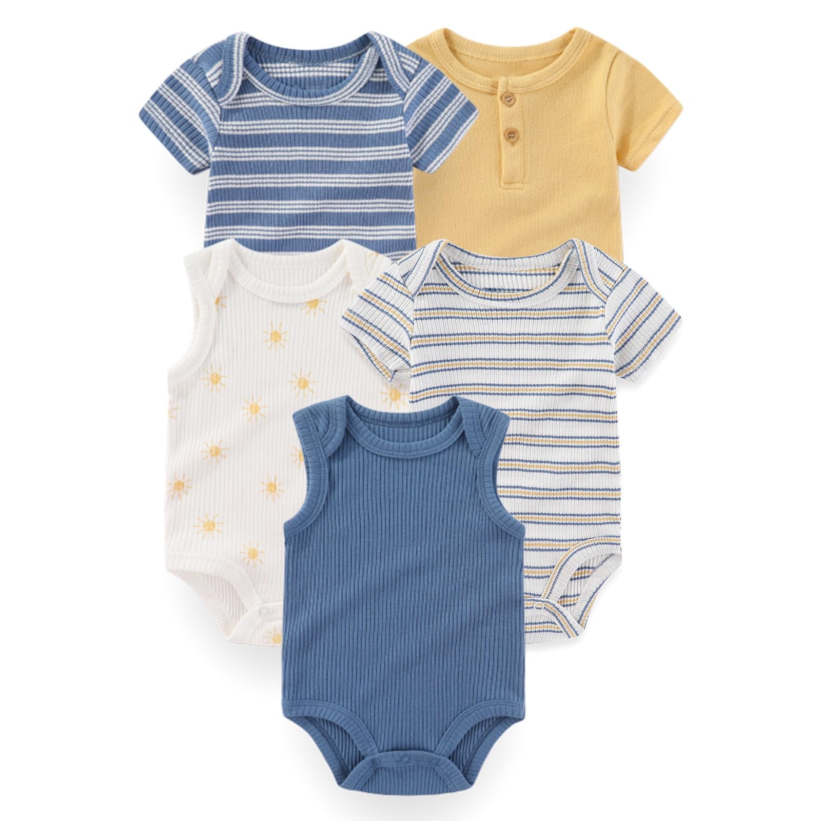 Falianni 5-Pack Cartoon Cute Baby Boy Girl Bodysuits Cotton Comfort Short Sleeve Baby Clothes 0-12 Months Infant Outfits