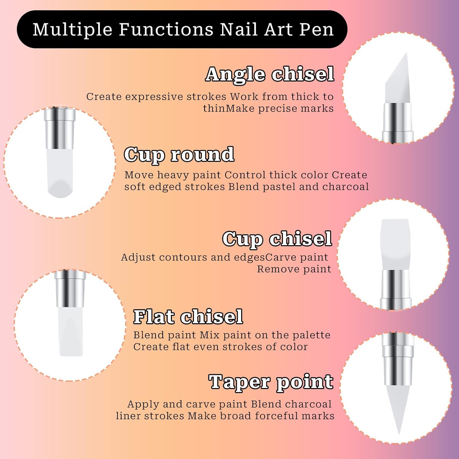 5 Pcs Dual Nail Tools Nail Art Sculpture Pen,Silicone Head Acrylic Handle Nail Art Brushes,Nail Art Tools for Home Salon 2
