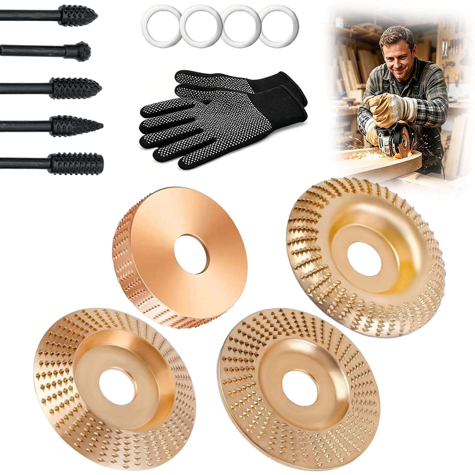 Disco de Pulido para Amoladora Angular, Juego de Discos de Tallado de Madera de Alta Resistencia, Rueda de Carburo de Tungsteno para Cortar, Dar Forma, Lijar y Pulir Madera (4PCS)