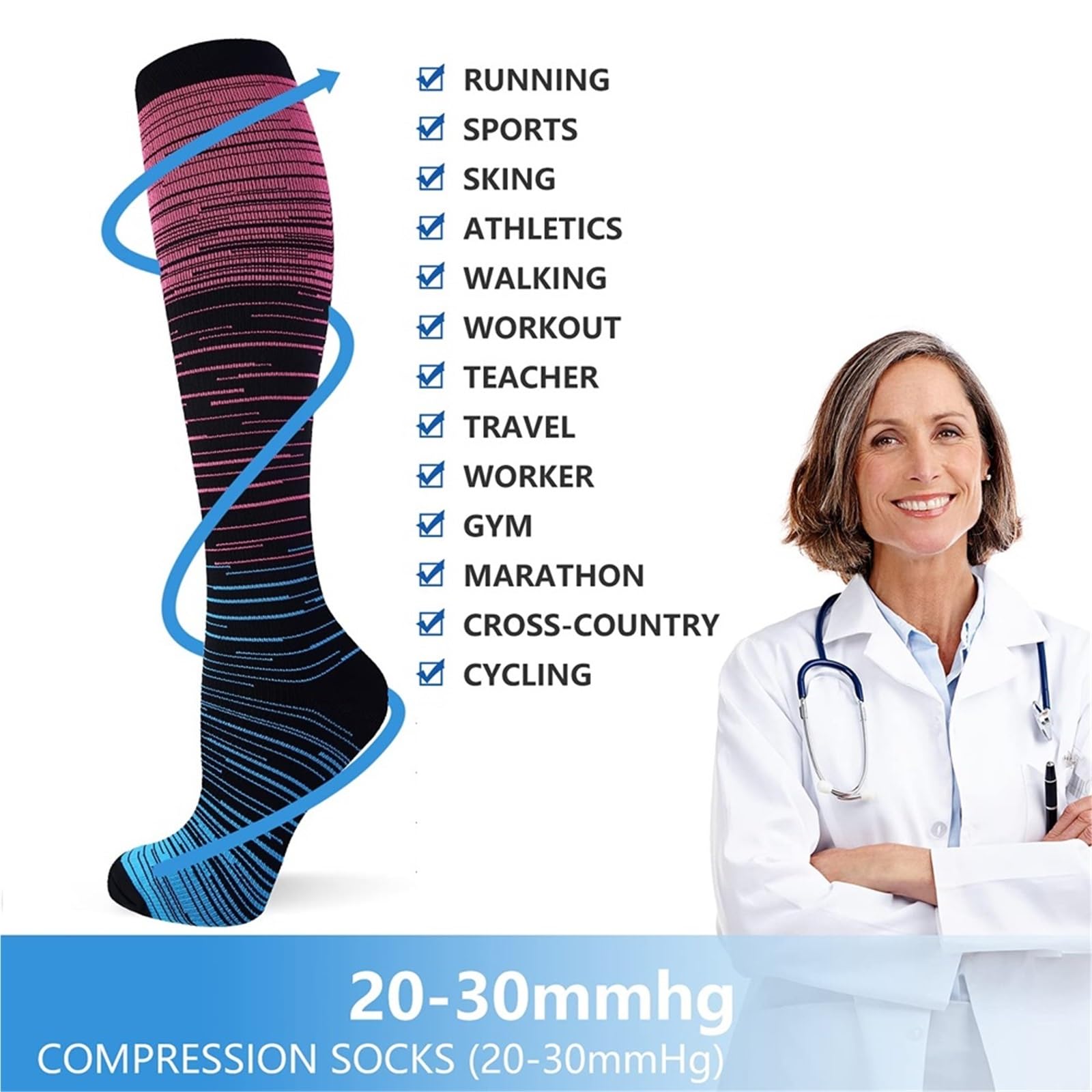 6 paia di calze a compressione for donne e uomini 20-30 mmHg - Calzini supporto alla circolazione per Atletica Corsa