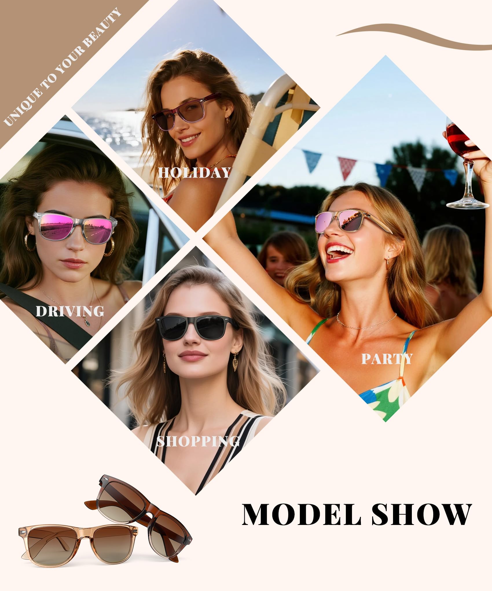 Gafas de sol polarizadas para mujer, cuadradas, modernas, clásicas, retro, protección UV400, paquete de 3