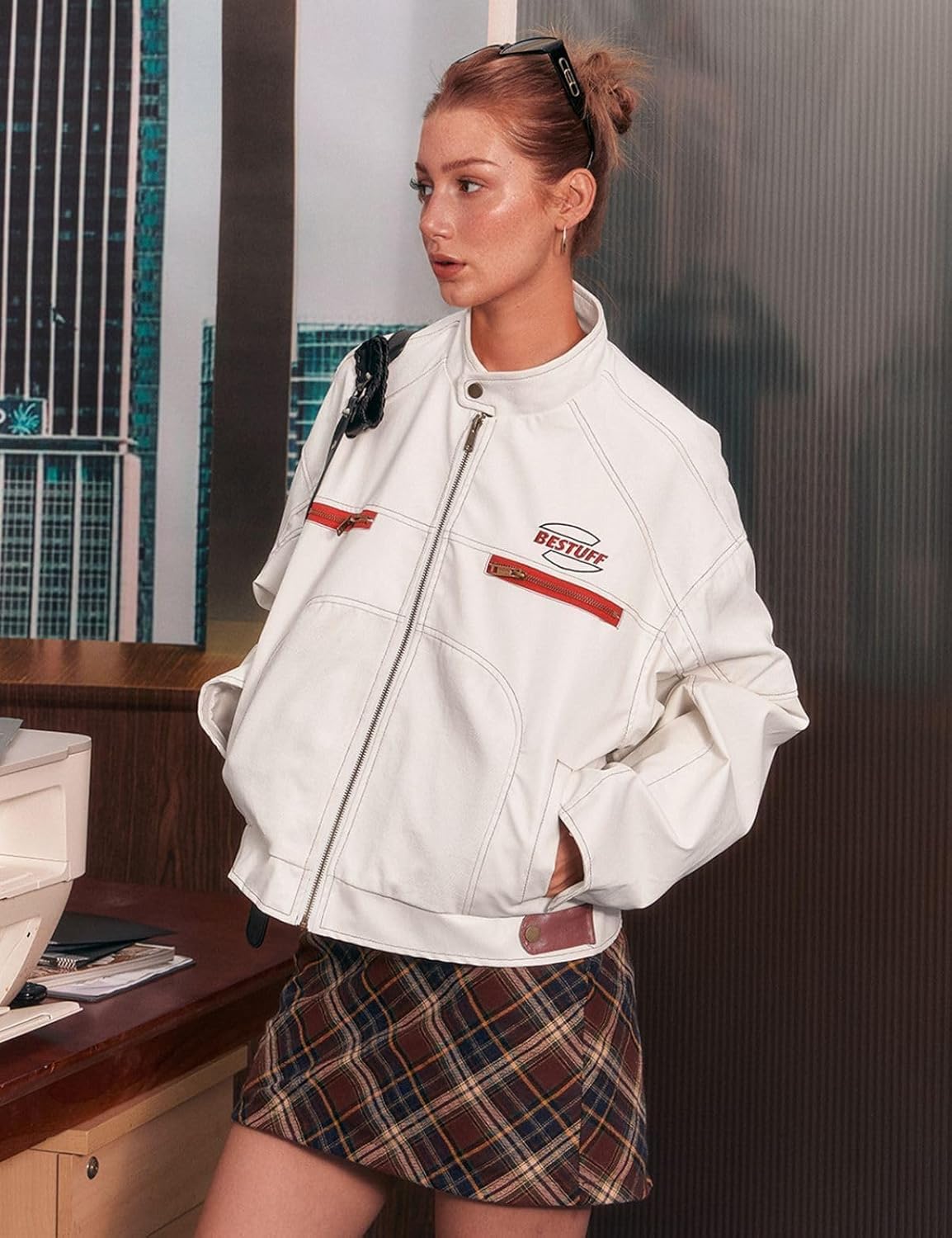 Women’s Cropped Moto Biker Jacket PU Leather Short Racing Coat with Stand Collar, Zip Pockets - Image 6