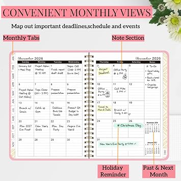 2026 Planner Weekly and Monthly,Pink Daily Cute Planner for Women Student,Jan 2026 to Dec 2026,Small A5 (6.3 x 8.5)Glitter Hardcover Spiral Agenda Calendar Book with Tabs for Office School Home Work