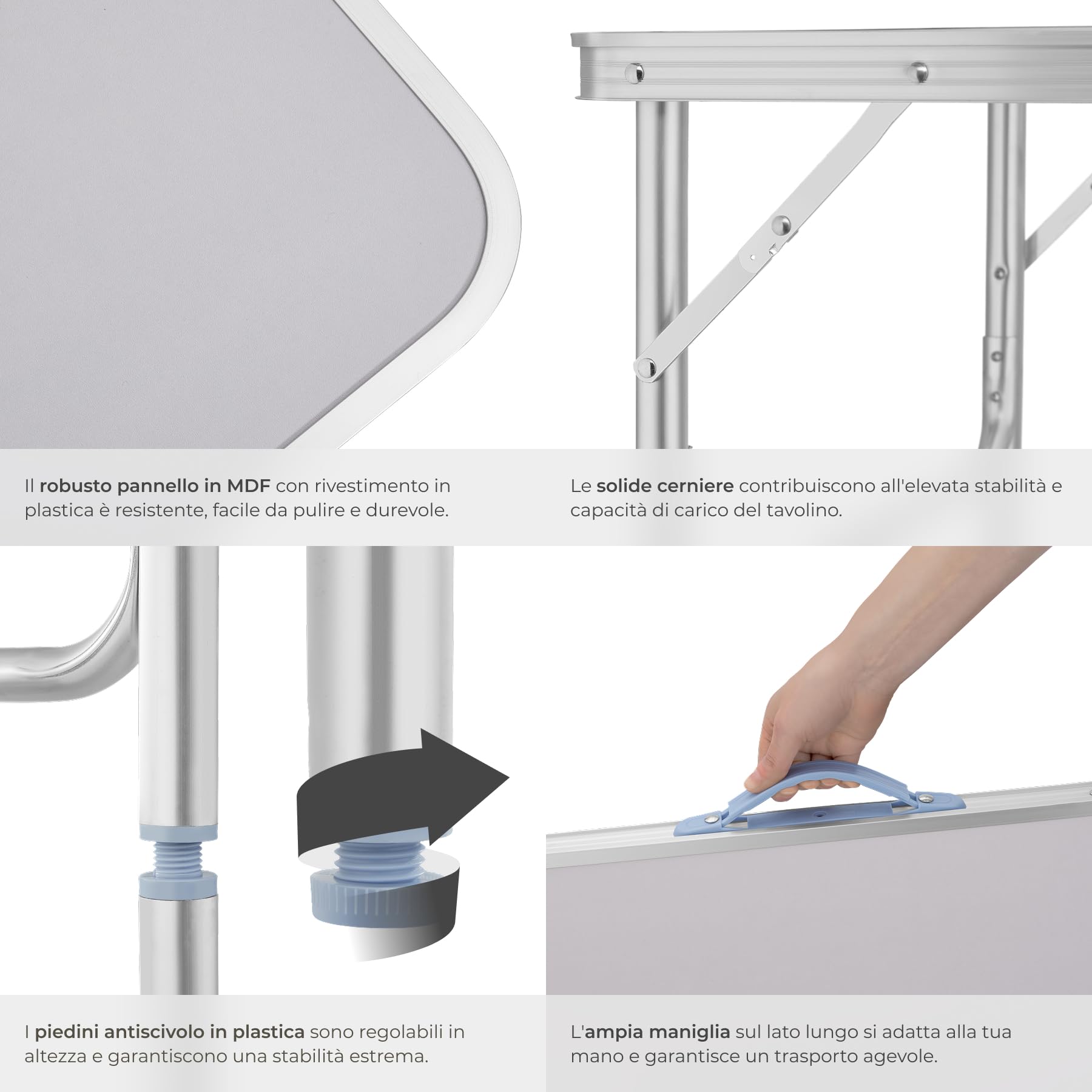 tectake® Tavolo da Campeggio Pieghevole in Alluminio, 75 x 55 x 68 cm, con Maniglia, Tavolo da Giardino Regolabile Salvaspazio, Tavolino Portatile, Resistente alle Intemperie - Grigio