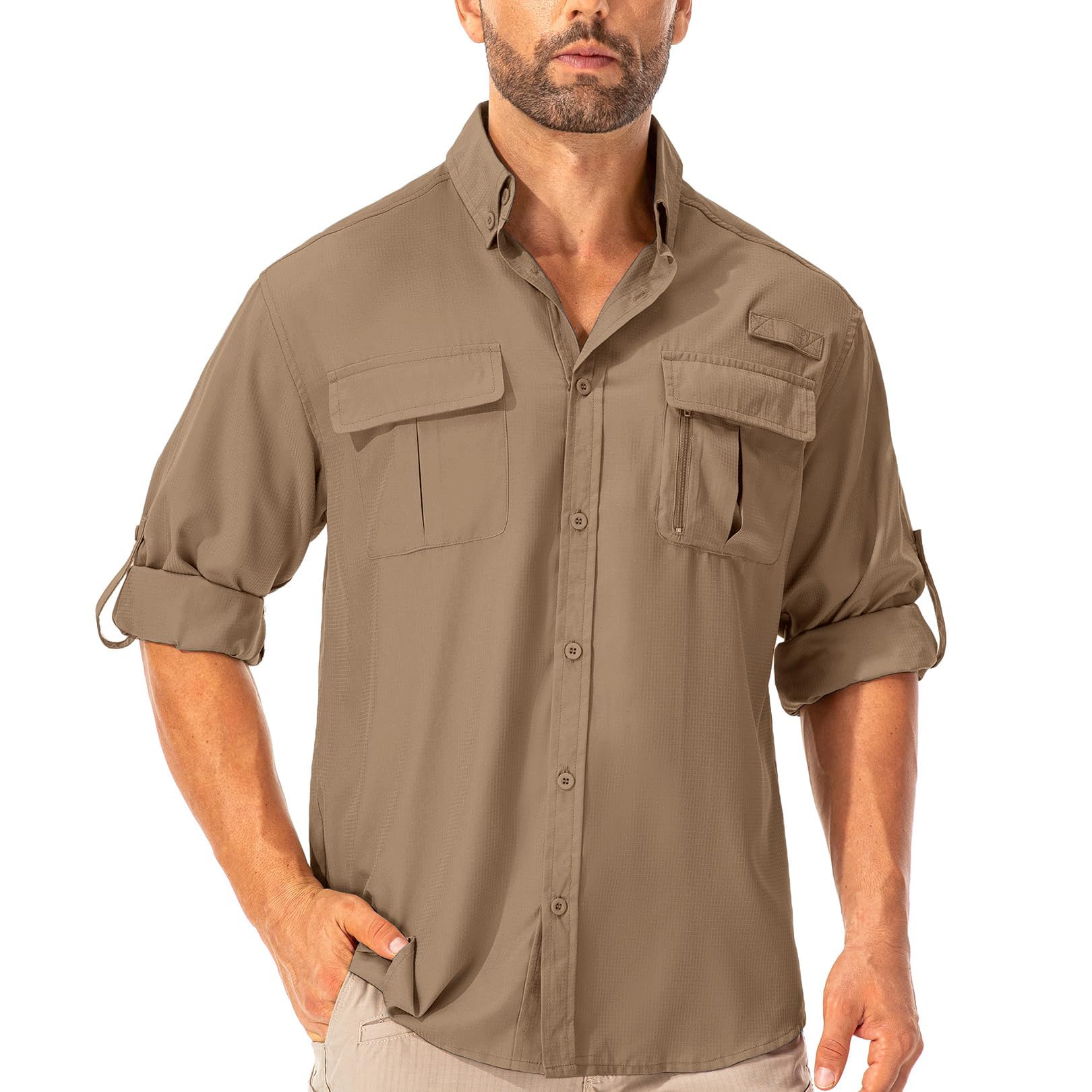 Asfixiado Hemd Herren Safari UPF50+ UV Schutz Wanderhemd Herren Langarm Funktionshemd Outdoorhemd Atmungsaktiv Schnelltrocknend Casual Button Down Shirts