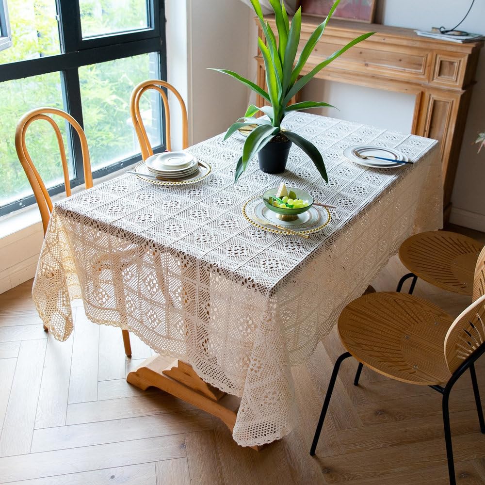 Retro-Häkeltischdecke, extra lang, beige, rechteckig, Spitzentischdecke für Esszimmer und Restaurant, Off-White, 85 x 85 cm