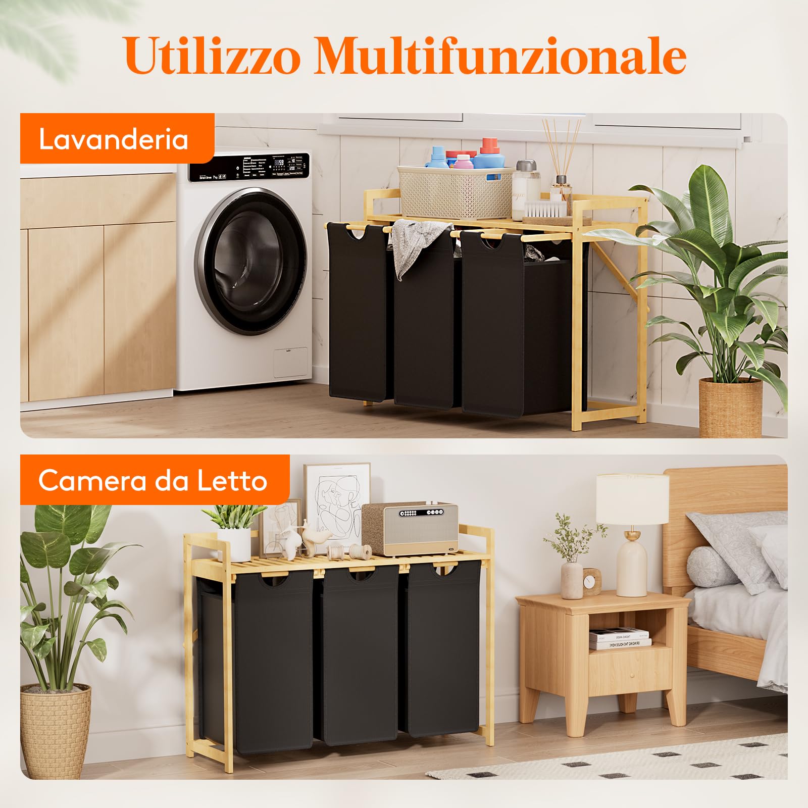 Lifewit Cesto Portabiancheria 150L a 3 Scomparti, Grande Cesta per Biancheria con 3 Sacchi Rimovibili, Mobile per Bucato per Camera da Letto, Bagno, Lavanderia, Nero