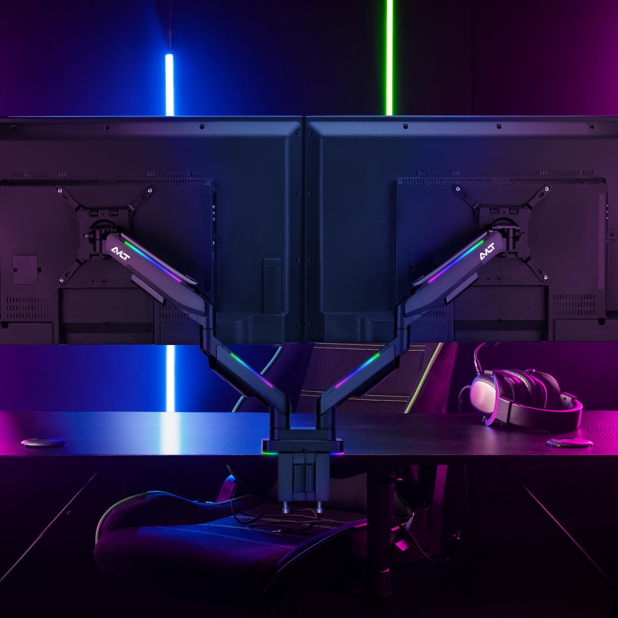 RGB Lights Dual 17-43 Gaming Monitor Arm Soporte de escritorio, se adapta a dos pantallas planas/curvas/ultraanchas de hasta 44 libras (44.1 lbs), soporte ajustable de inclinación giratoria de 7