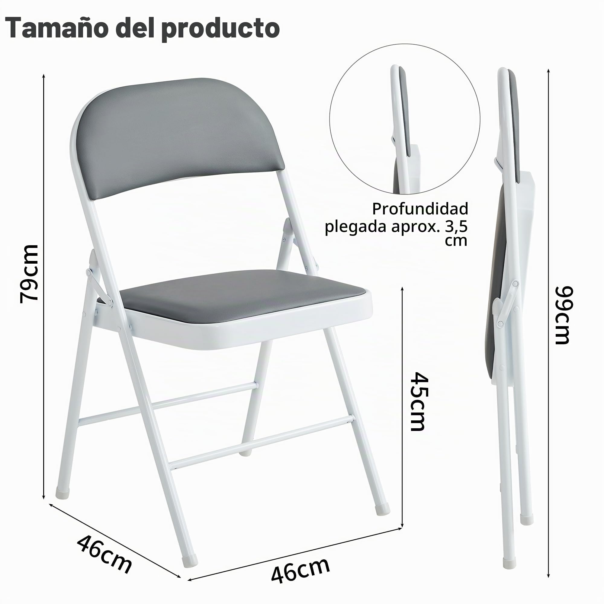 McC Direct Juego de 4 sillas plegables de piel sintética, marco de metal y asiento acolchado, fácil de plegar y almacenar para hogar, oficina, comedor y recepción (gris)