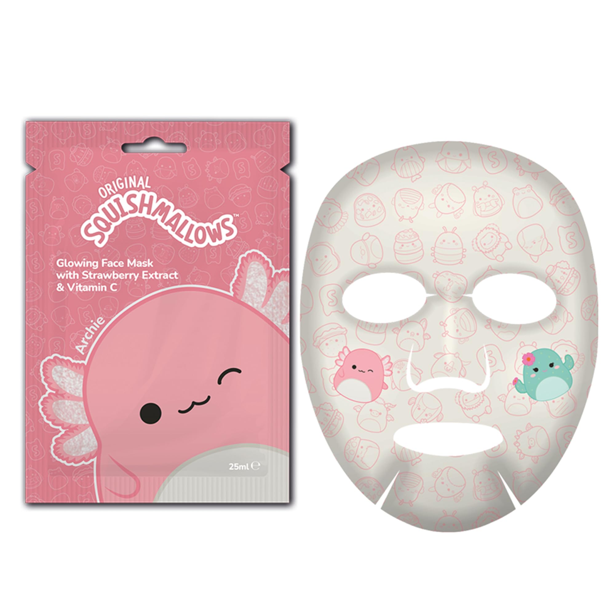 5-częściowy zestaw maseczek do twarzy Squishmallows - kokos, truskawka, mango, jagoda i arbuz, idealne na nocowanie dla dziewcząt lub zabawne piżamy.