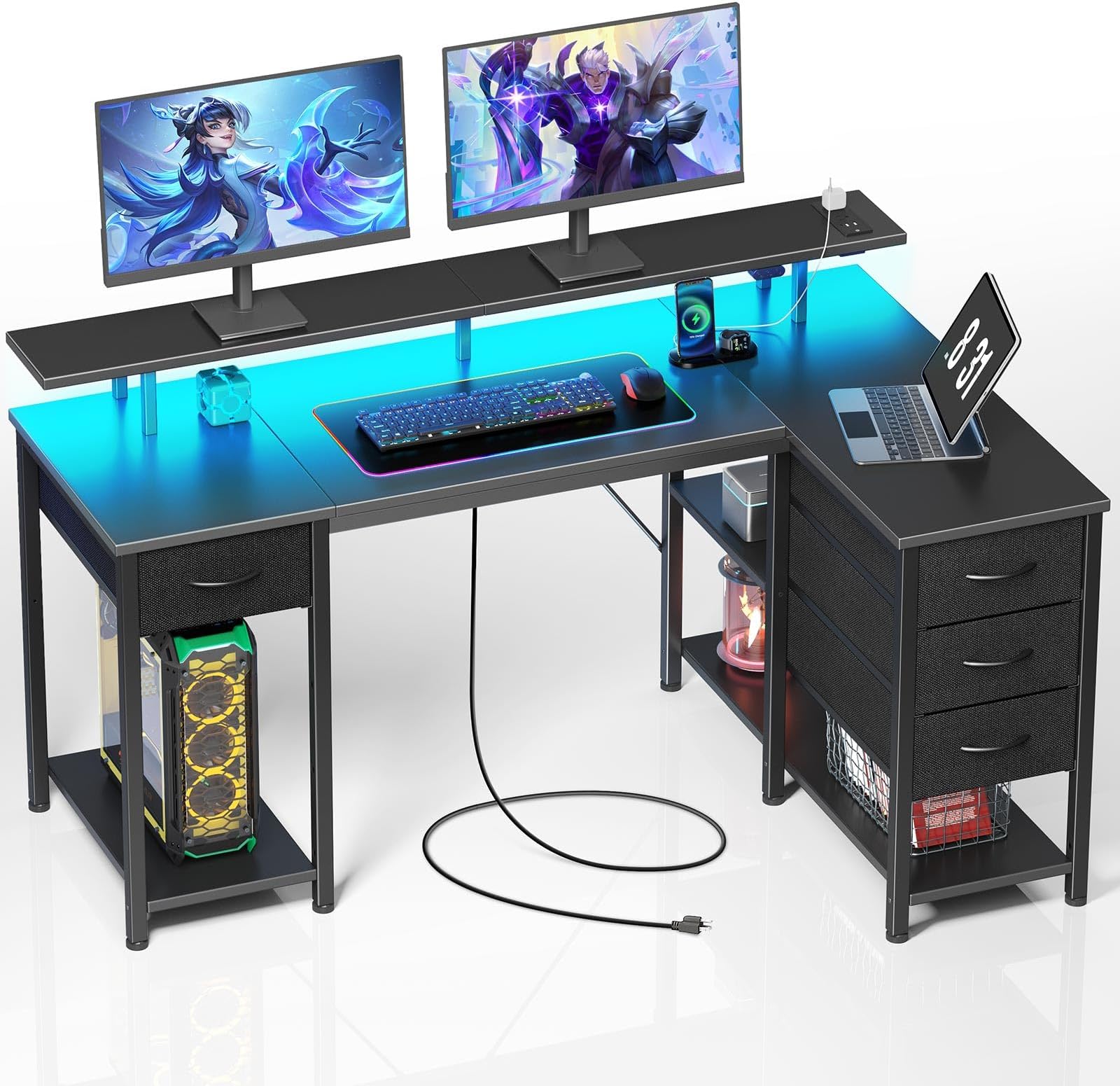 Seventable L Shaped Computer Desk with Drawers 47.2 inch, Gaming Desk with Power Outlets & LED Lights,Reversible Office Desk with Storage Shelves, Corner Desk with Monitor Stand for Black