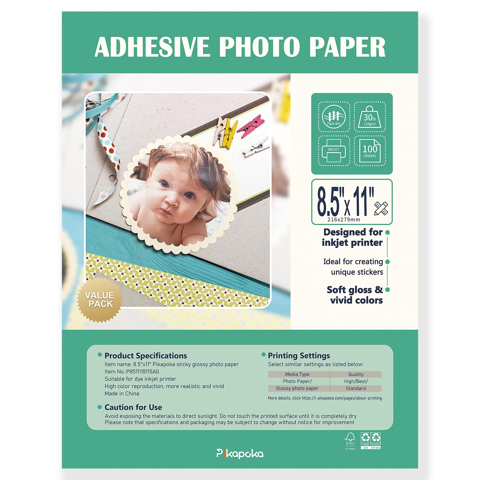 Samoprzylepny papier fotograficzny 8,5 x 11, błyszcząca naklejka fotograficzna do drukarki atramentowej, opakowanie 100 sztuk, 115 g/m2 (P8511YB115AG)