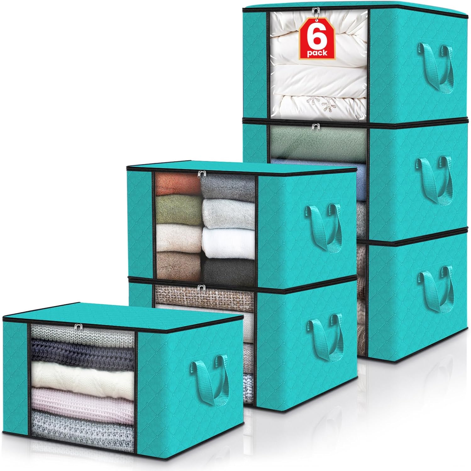Fab totes 6 Pack Clothes Storage, Foldable Blanket Storage Bags, Storage Containers for Organizing Bedroom, Closet, Clothing, Comforter, Organization and Storage with Lids and Handle, Green